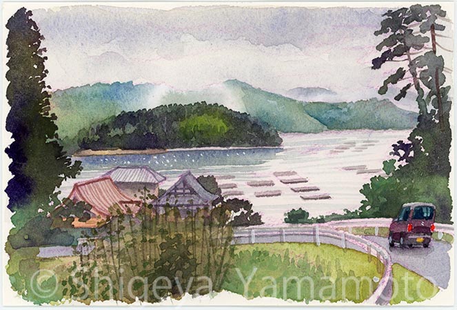 在銘 水彩画 街並みと山の風景 日常茶飯絵 【 山を越え見る海 】 #水彩画 #透明水彩 #watercolor