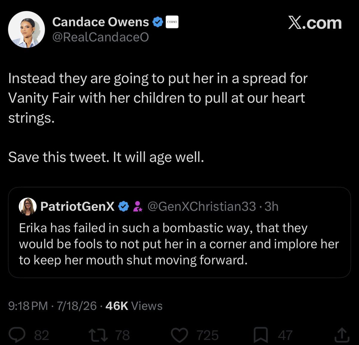 JayTC53's tweet photo. Once again Candace Owens is attacking Erika Kirk....To make matters worse she is now involving their infant children. 

This is disturbing behavior that should be condemned....It's beyond the pale. https://t.co/HBaMEHe2A8