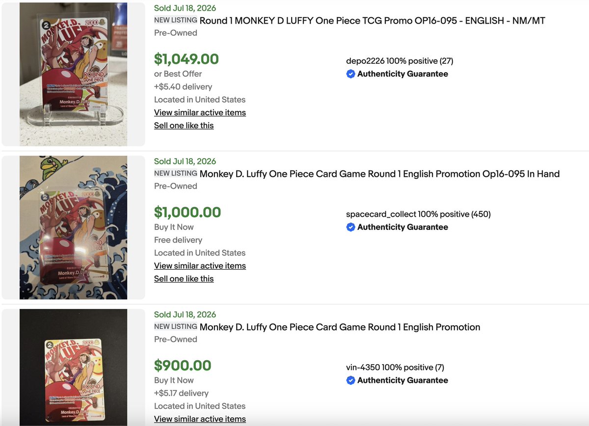 GenesisAIOGroup's tweet photo. Round1 x Luffy Promo in ENG asking price going for $1000~ and multiple sales ranging around that price too.
Single packs are selling for 1000% returns on the secondary market, with 10 packs selling for $2000

Will the One Piece TCG Market ever slow down? https://t.co/FN5thcUrGu