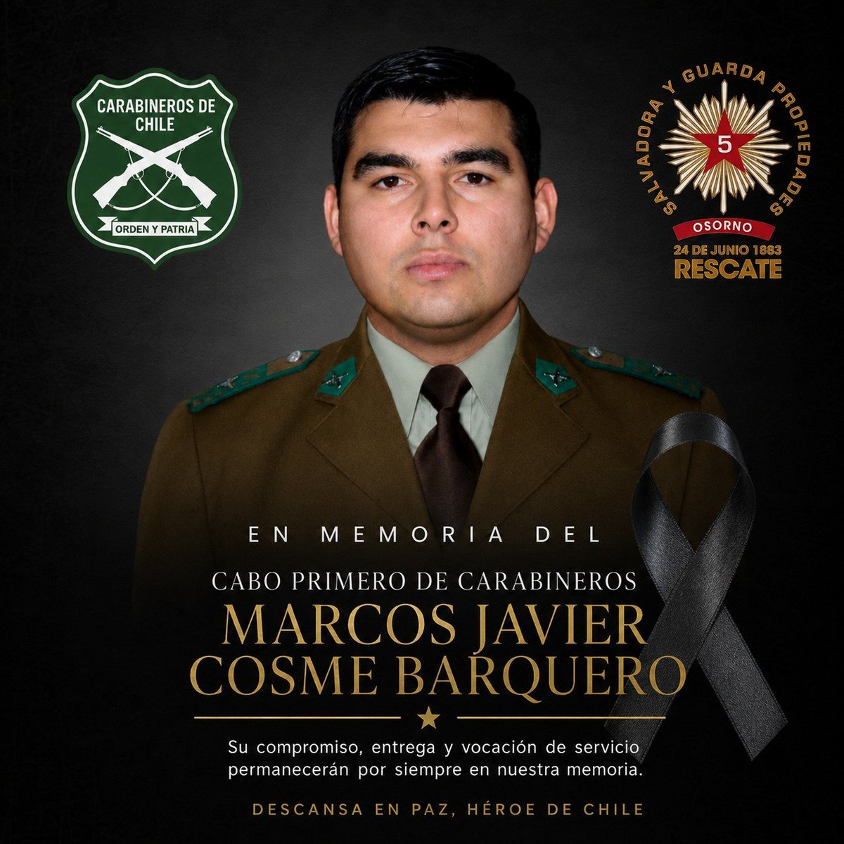 quintacbo's tweet photo. Como unidad de rescate de Osorno, nos sumamos al profundo dolor de @Carabdechile ante la pérdida de su nuevo mártir, el cabo 1° Marcos Cosme Arqueto (Q.E.P.D.), fallecido en Valdivia.
​Enviamos nuestro apoyo y condolencias a la Prefectura N.º 24  al #retenpampaalegre #Osorno https://t.co/ckr3xk18L3