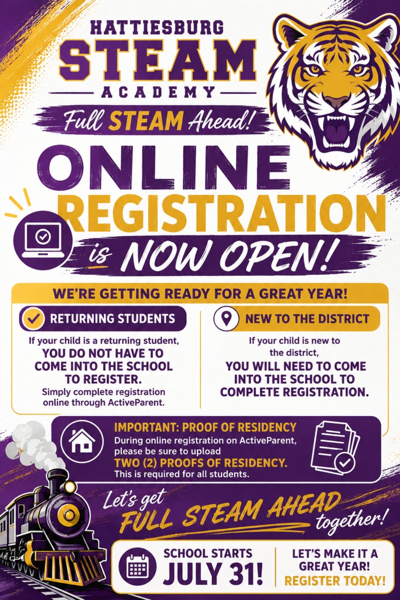 burney_social's tweet photo. Full STEAM Ahead! Register by July 31 at Hattiesburg STEAM Academy. Proof of residency required. Join us for an exciting school year! #STEAMReady #TigerPride #RegisterNow https://t.co/qZbFY92Uxl