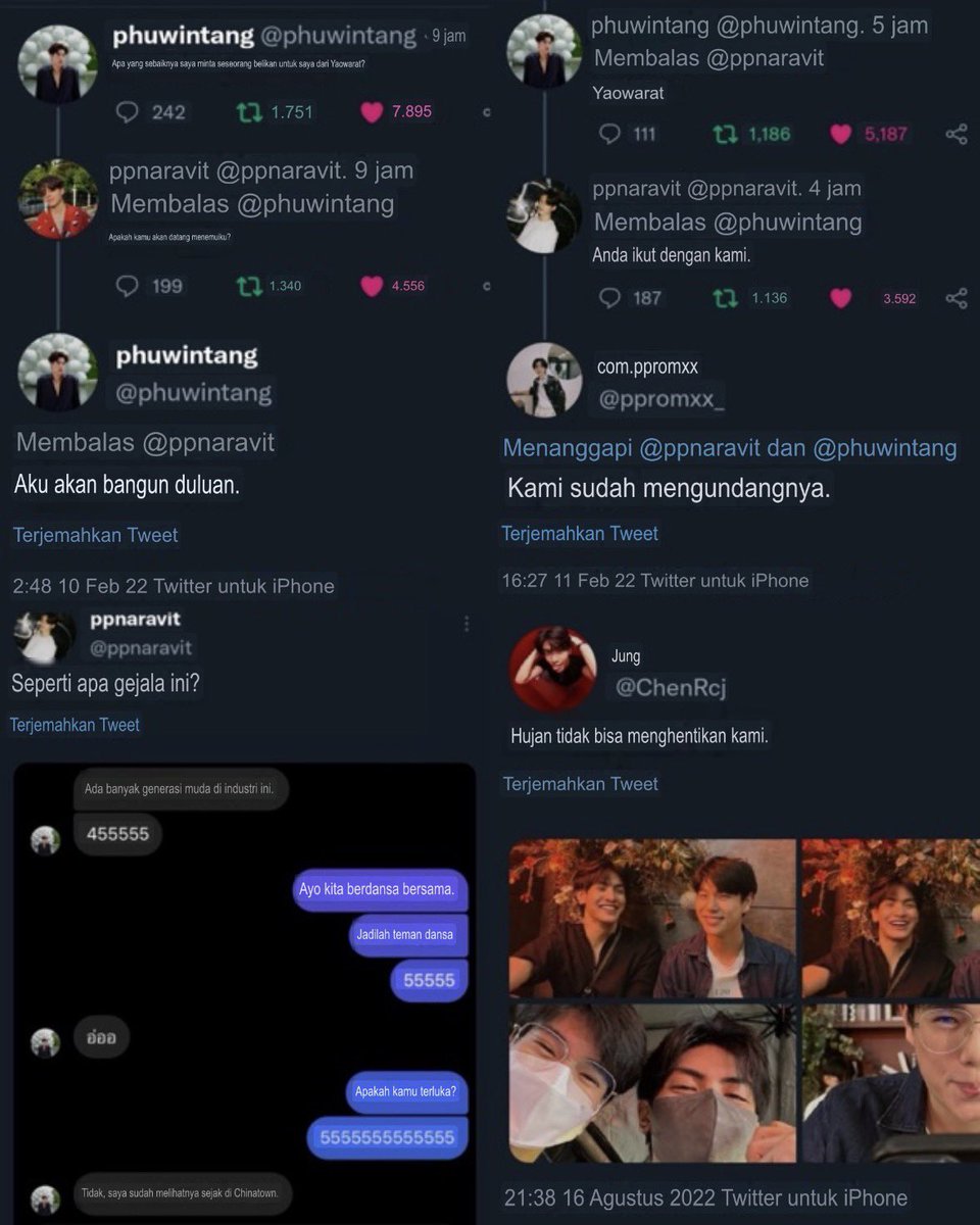SeviraS3's tweet photo. // Yaowarat lore strikes again 😭😂

Staff: Kukira kita bakal bahas insiden Yaowarat.

Phuwin: Insiden apa?

Staff: Yang… soal cemburu itu…

Phuwin: Nggak ada. Cemburu apaan? Kamu lagi bikin drama ya? (😂) Oh, ini pertanyaan dari penonton ya? Jadi sebenarnya awalnya gimana sih?

Pond: Kejadiannya sekitar 3 tahun lalu. Waktu itu Santa masih belum masuk GMMTV. Aku lagi ke Yaowarat buat cari makan. Di sana ada Santa sama dua orang lainnya. Terus kamu komen sesuatu, makanya fans mulai ngeledekin soal itu. (Lahh… kok Pond masih hapal banget? Ketauan deh… ternyata masih belum bisa move on ya Pond… 😭🤣🤭✨)

Phuwin: Oohh…

Pond: Jujur aku udah nggak terlalu ingat. (Lahh… tadi katanya masih inget Pond. 🙂‍↔️)

Phuwin: Aku juga udah nggak terlalu ingat. (Hmm iyaaa… percaya kok, Phu… percaya… 🤭🤭)

Staff: Terus…?

Phuwin: Tapi aku ingat, setelah kamu ke Yaowarat sama Santa, orang yang ngajak aku ke Yaowarat itu malah Joong.

Pond: Joong? Joong Archen? Dia juga ngajak kamu ke Yaowarat? (Lahh… pura-pura amnesia ya Pond?? 🤭🤭)

Phuwin: Iya. Joong Archen yang ngajak aku.

Pond: Serius?

Phuwin: Jadi ya aku ikut aja. Nggak ada apa-apa kok. Kami cuma berdua pergi makan di restoran Chinese food di Yaowarat, terus upload foto. Udah, cuma itu aja.

Pond: Hmm… (Ahem… ekspresinya dijaga Pond… kok tiba-tiba out of frame… 😭🤣🤭)

Phuwin: Suaranya kok kecil?

Pond: Udah mentok, segitu maksimalnya.

Phuwin: Waktu Joong telepon ngajak, aku lagi kosong. Jadi ya pergi makan bareng aja. Terus entah kenapa orang-orang malah bikin itu jadi sebuah legenda. Aku juga bingung. (Oh gitu ya Phu… mari kita tambahin bukti-bukti Yaowarat lore di bawah ini. 😭😂🤣)

#PeachAndMeSeriesEP2
#PondPhuwin #ปอนด์ภูวินทร์
#ppnaravit #phuwintang