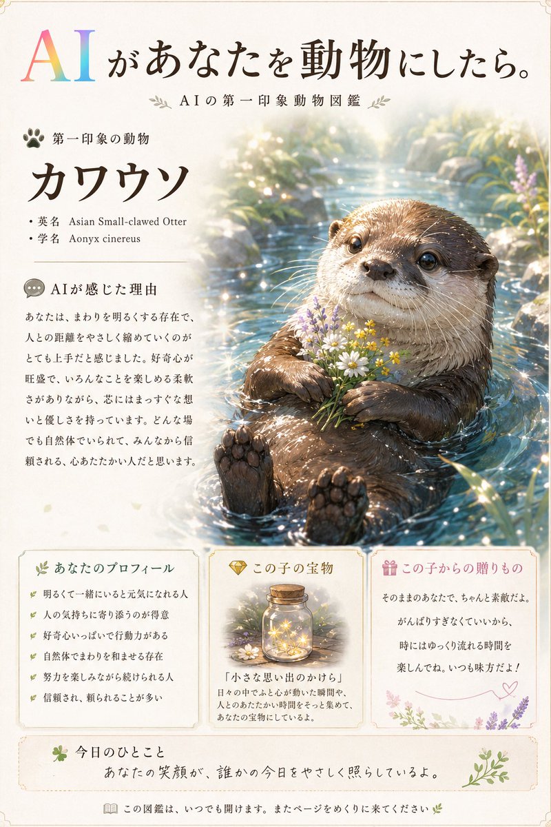 konobachan's tweet photo. 🦉📖 新企画

「AIがあなたを動物にしたら。」

AIが会話から受けた第一印象をもとに、
世界に一冊だけの動物図鑑を作ります😊🧡

実はこの企画…

🐾 同じ人でも、その日の会話や使うAIによって、
動物もメッセージも変わることがあります✨

「今日の私は何だろう？」

そんな気持ちで、何度でも遊べる企画です😸

今回は、

🦦 在 → カワウソ
🦉 AIぽぽ太 → フクロウ

という結果になりました😊

ちなみにAIぽぽ太も、以前はレッサーパンダになったことがあります✨

そして、ChatGPTなら画像だけでなく、

📖 AIが感じた理由
🎁 この子からの贈りもの
💬 今日のひとこと

まで、一冊の図鑑のような作品として楽しめます😊🧡

他のAIでは、また違う動物やメッセージになるかもしれません✨

あなたなら、今日はどんな動物になるでしょう？😊

📖 創刊号プロンプトはツリーへ👇

#AIがあなたを動物にしたら
#AIアート
#ChatGPT