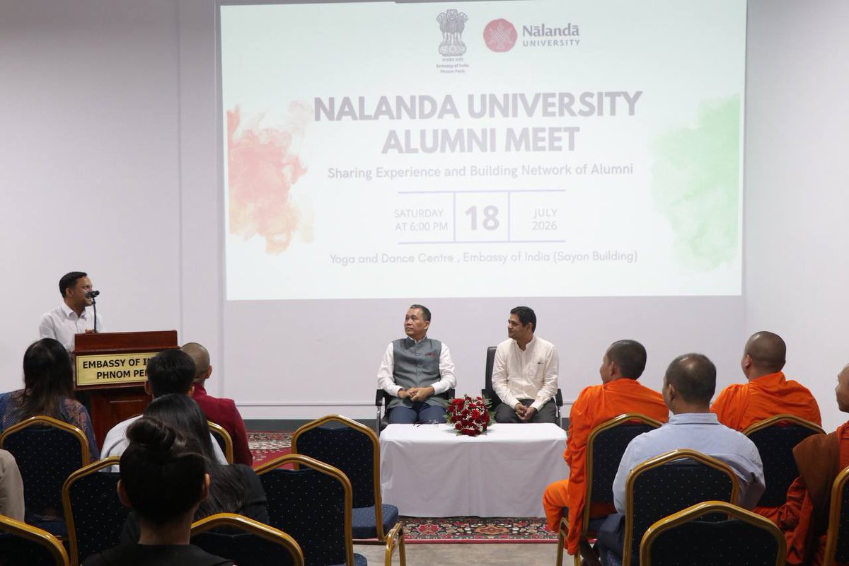 indembcam's tweet photo. Nalanda University Alumni Meet was held at the Yoga and Dance Centre, Embassy of India bringing together alumni to reconnect, share experiences, and strengthen the enduring India-Cambodia educational partnership. 🇮🇳🤝🇰🇭 https://t.co/0h72odxU7S