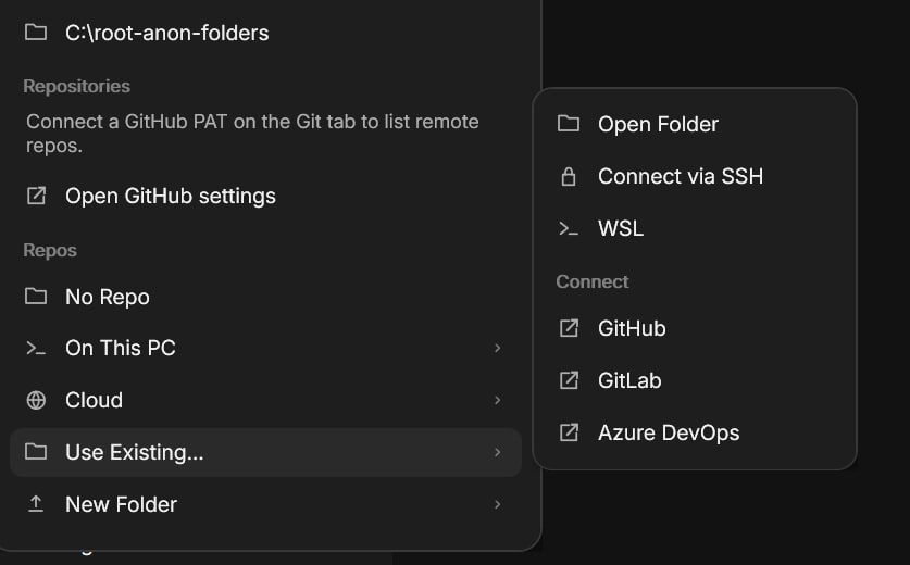 palmaierc's tweet photo. To highlight an important Quality of Life update: the way you bootstrap a repository in @rootsh now offers a ton of options and a tailored experience. 

It is possible with 1-click to clone a repository directly from @github, use SSL or WSL connections to copy directories and to connect your cloud accounts, like @Azure and @gitlab.