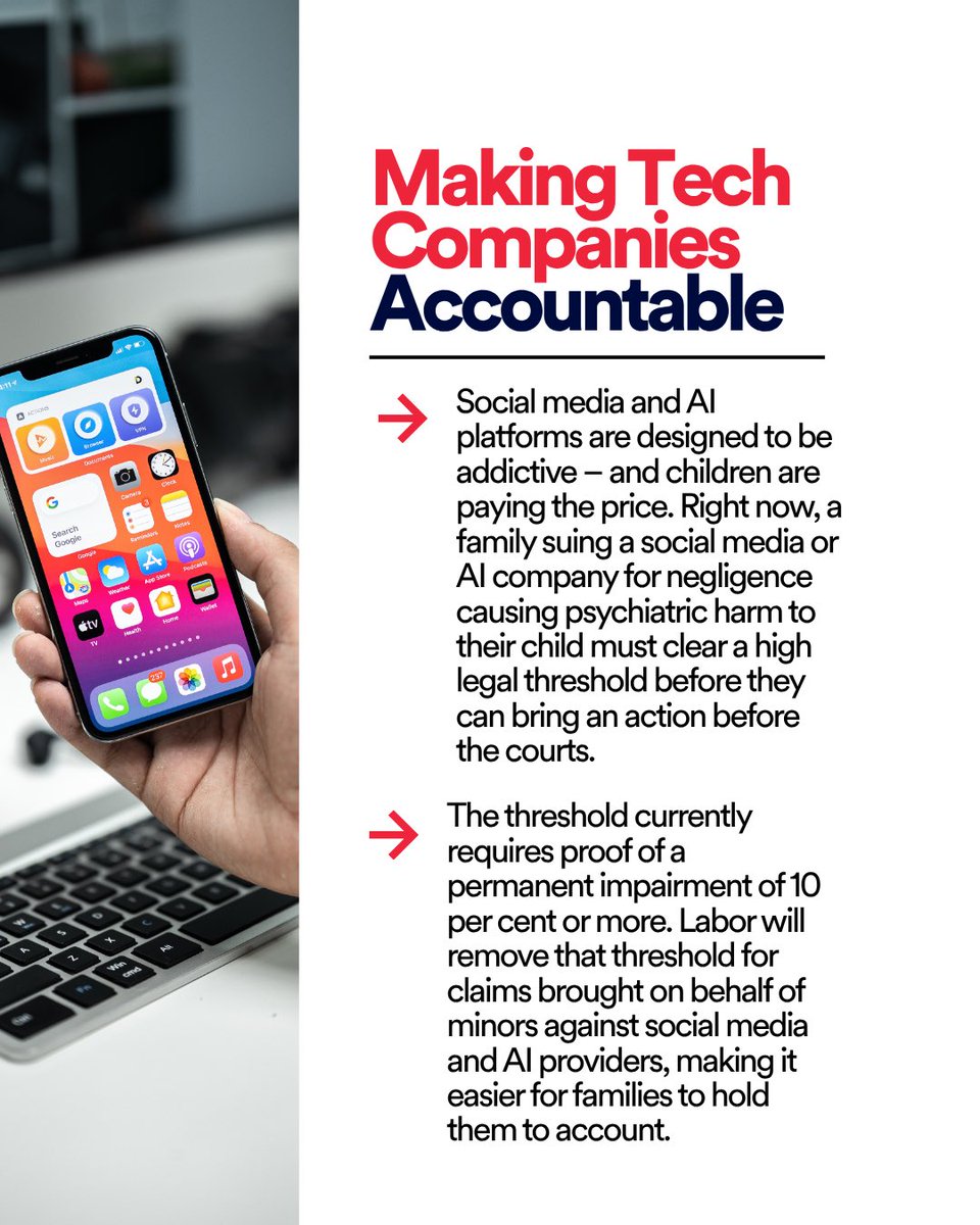 JacintaAllanMP's tweet photo. Social media and AI companies design their platforms to be addictive, and our kids are paying the price.

If a platform hurts a child, families should be able to take that company to court. https://t.co/ahIEyJL0ZO