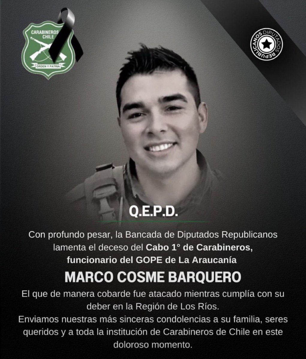agustinromerole's tweet photo. La mejor forma de honrar la memoria del cabo primero Marco Javier Cosme Barquero es respaldar sin complejos a Carabineros y asegurar que quienes asesinan a un uniformado enfrenten todo el peso de la ley. Un país que no protege a quienes lo protegen, renuncia a la justicia y al Estado de Derecho.🇨🇱