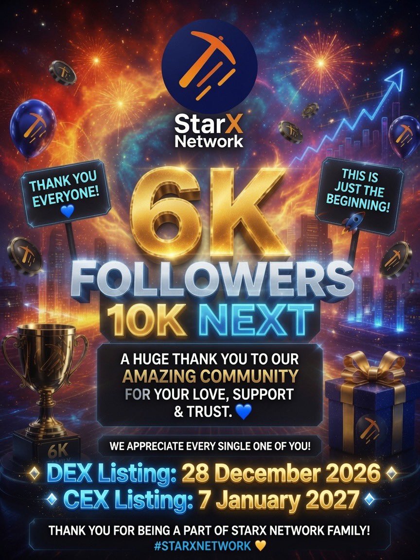 starxNetwork_'s tweet photo. 🎉 6,000 STRONG 🎉

To every StarX Miner — THANK YOU 🙏
We made it here together.

The future is loading:
🔹 DEX Listing: 28 December 2026
🔹 CEX Listing: 7 January 2027

And wallet submission is coming this month, July 👀
Get ready. Let’s build 🚀 https://t.co/t6s9UqTfqf