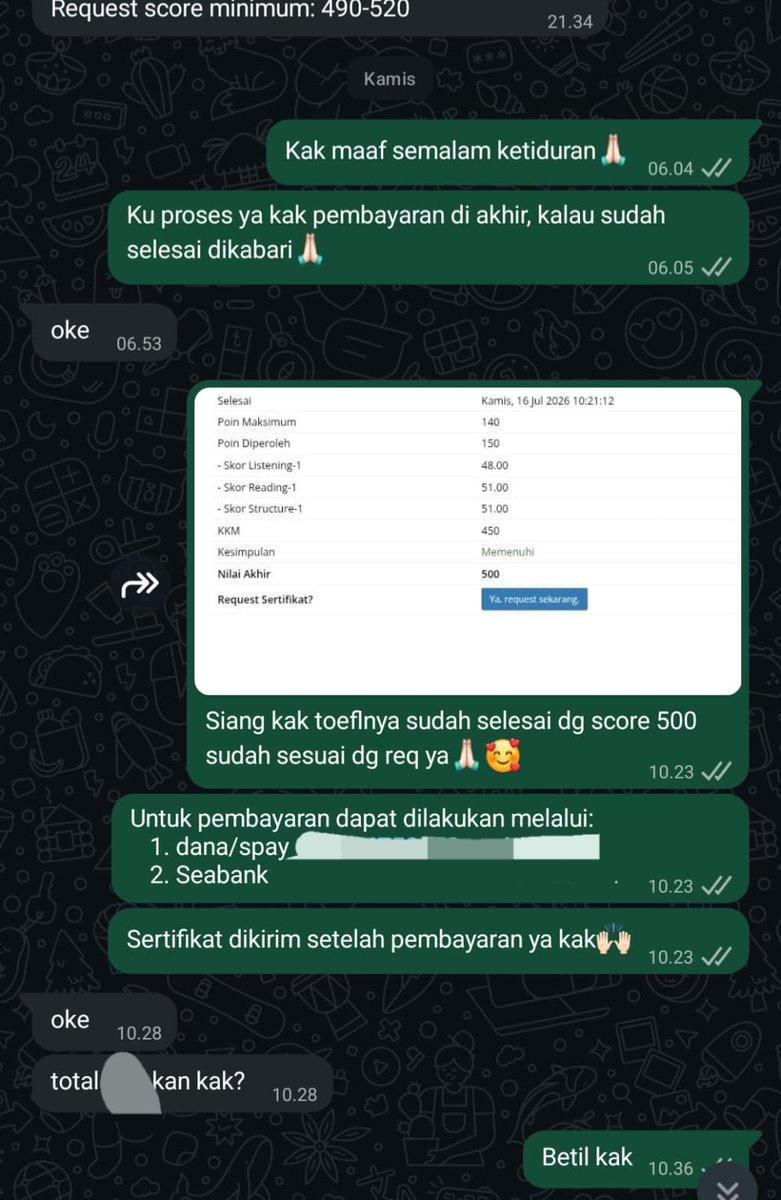 amaryliscx_'s tweet photo. Open order Joki TOEFL kampus, itp, pbt, english score, dkk 85k, bisa include sertifikat
✔️Sertifikat resmi &amp; terdaftar, no edit❌️
✔️Bisa scan barcode untuk lacak keaslian
✔️Proses 1-3 jam
✔️Payment di akhir
✔️Bisa untuk syarat sidang S1, kerja, BUMN, CPNS

Chat by wa
#jokitoefl https://t.co/UrdU84Jf5V
