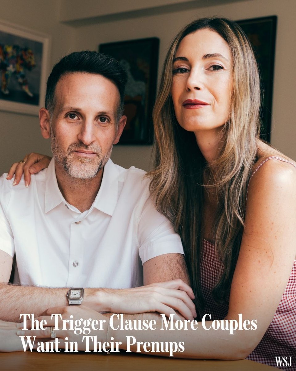 WSJ's tweet photo. The growing popularity of a trigger clause, which activates if one spouse becomes a stay-at-home parent, reflects a shift in how prenups are viewed and used. https://t.co/3aPLanSaSF https://t.co/yI1CehNKfp
