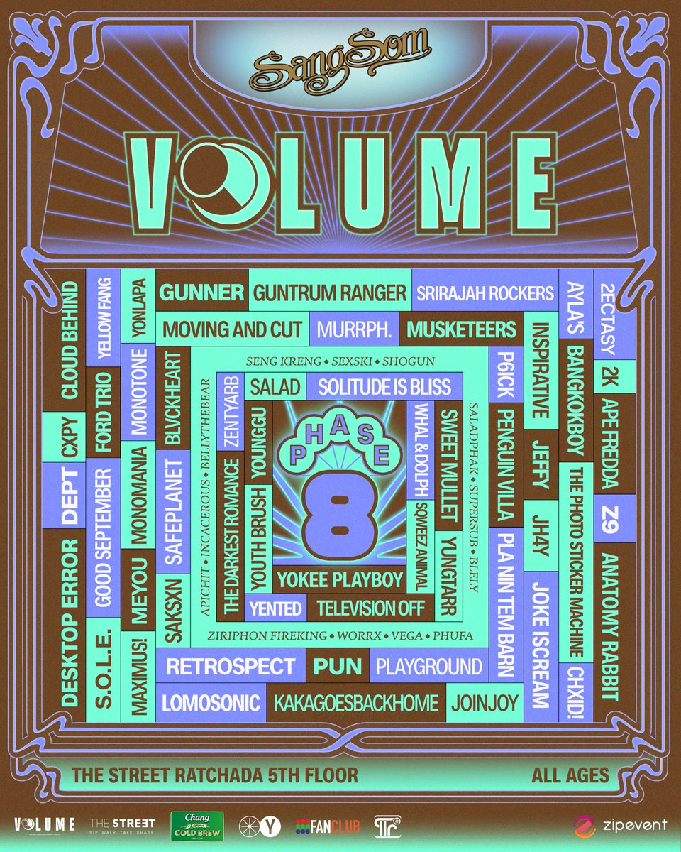 VolumeLivehouse's tweet photo. 🐎🌕SangSom presents Volume Phase 8 กับ 7 วัน กว่า 70 ศิลปินที่จะพาทุกคนมาอยู่กับดนตรีตั้งแต่บ่ายยันดึก!
แต่นี่เป็นเพียงรายชื่อเท่านั้น สปอยล์ถัดไปเตรียมพบกับเฉลยไลน์อัพของแต่ละวัน ว่าใครเล่นกับใคร และเล่นวันไหนบ้าง ? รอเลย สนุกแน่🕺🏽#VolumePhase8 https://t.co/8h22U1OOlU