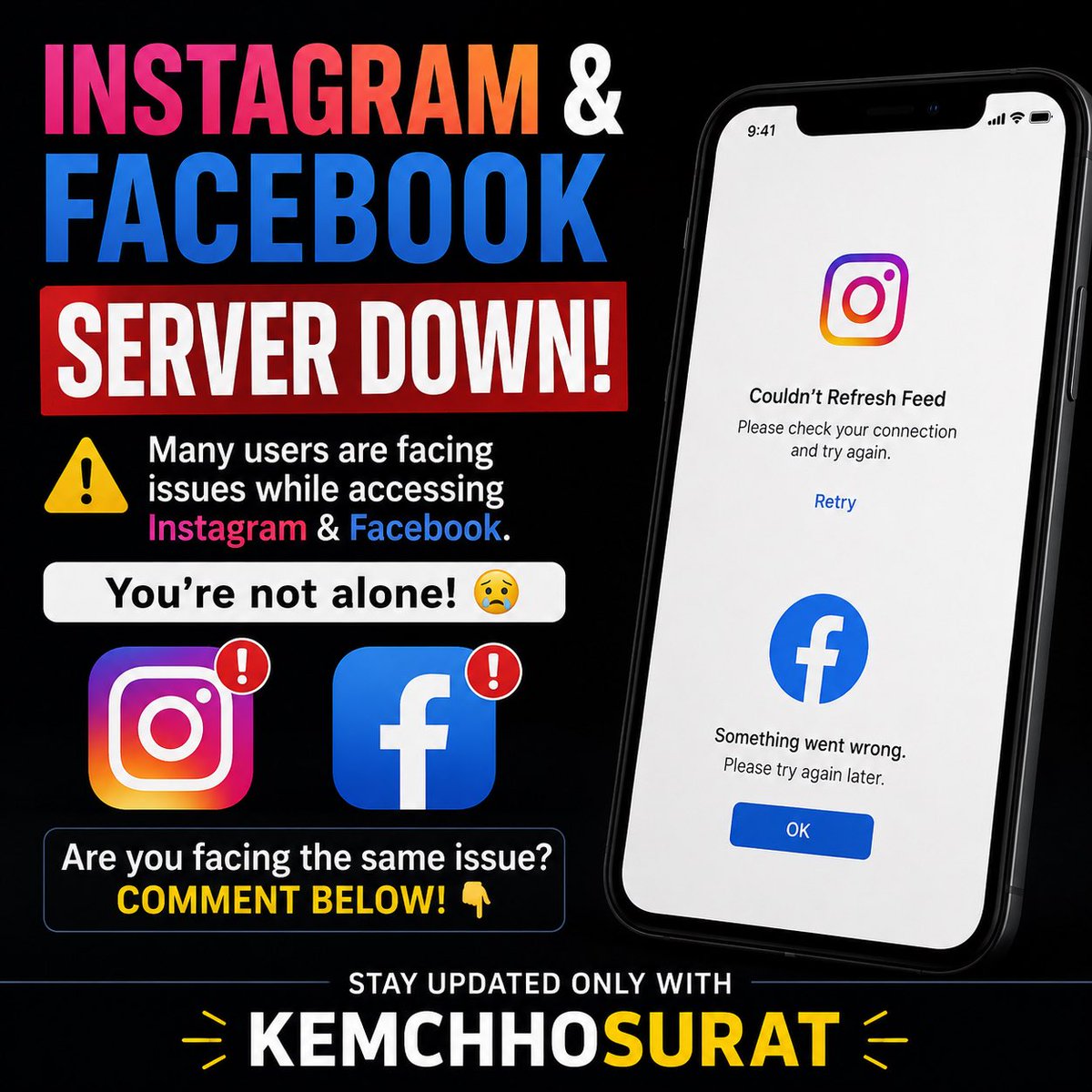 Kemchosurat's tweet photo. Instagram &amp; Facebook Server Down
#instagramdown #facebookdown https://t.co/X1E8ylQJOT