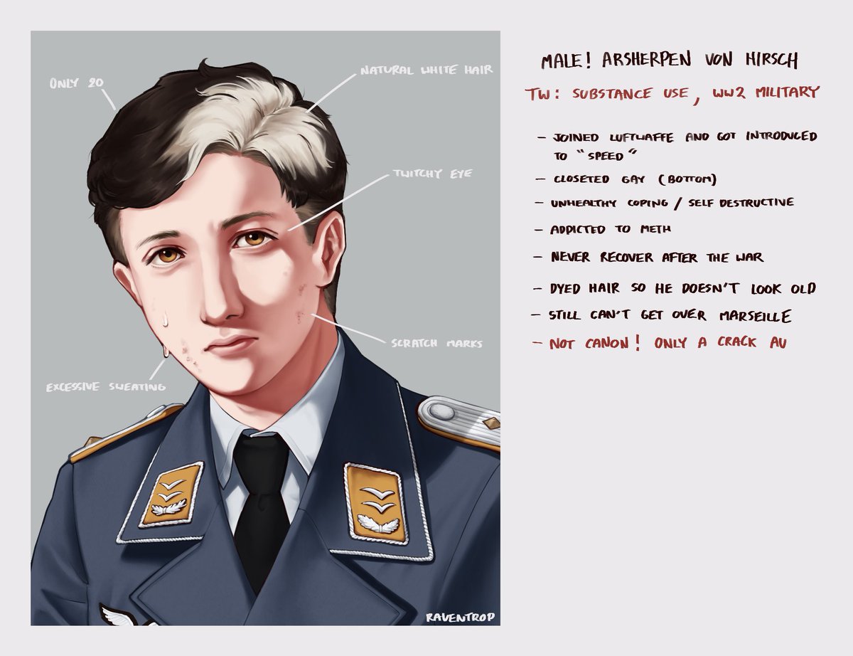 Raventrop's tweet photo. Alternate universe : Male! Arsherpen in Luftwaffe

-addicted to speed
-closeted gay (bottom)
-never gets better after the war
-still got the blue outfit like his female counterparts https://t.co/rBvmx3qenm