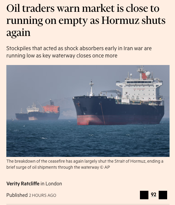 n01man's tweet photo. plenty of worrying quotes in this ft article

- unnamed trader: "We’ve burned through all of the buffers we had. Everything. All of that’s now gone."

- Amrita Sen, director of market intelligence at Energy Aspects: "Now we have close to nothing. Market complacency around Hormuz flows is being severely tested."

- Joel Hancock, a senior commodities analyst at Natixis Bank: "Ultimately, the market was pricing an optimistic flow trajectory that now is clearly not on the table."