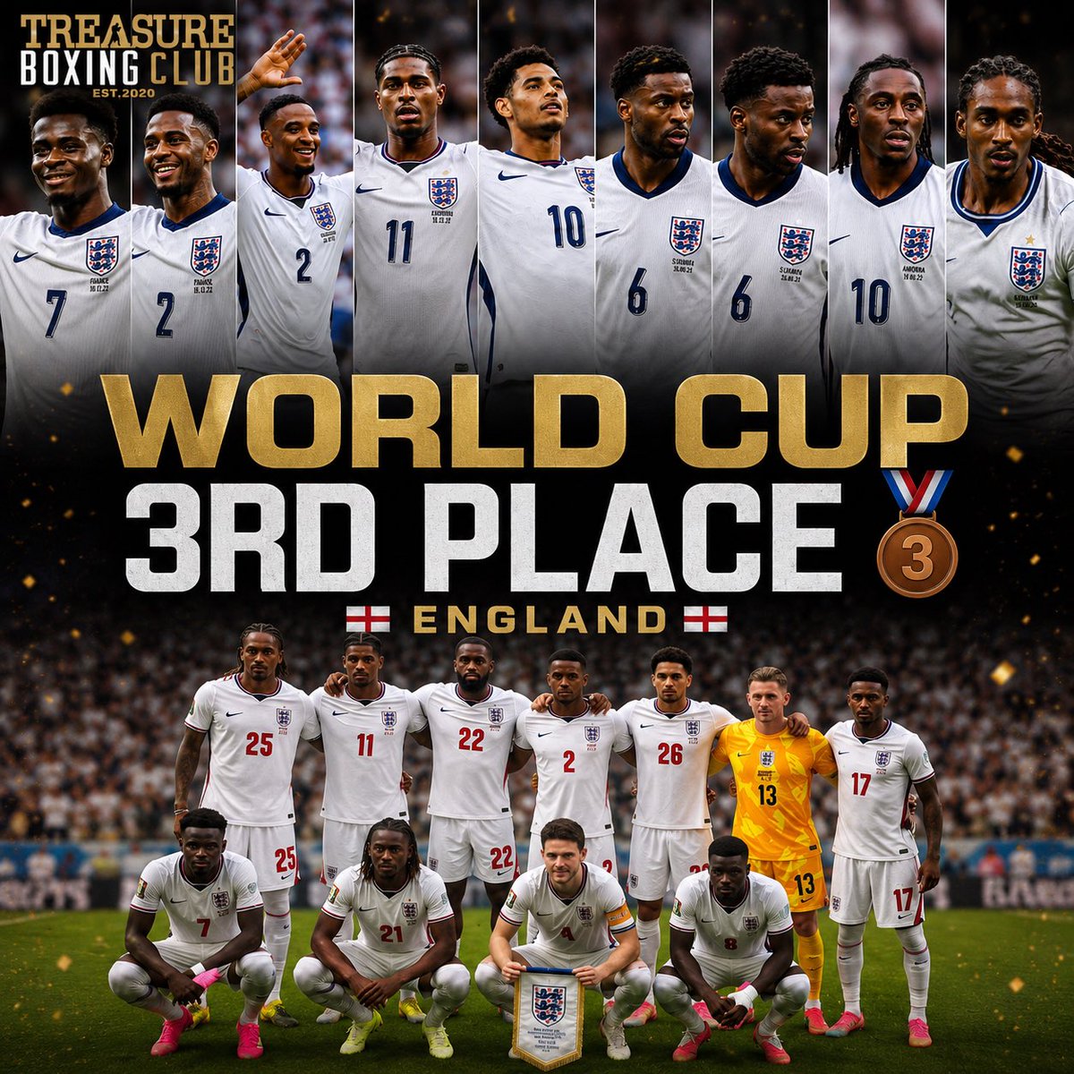 TreasureBoxing's tweet photo. WORLD CUP 3RD PLACE 🥉🏴󠁧󠁢󠁥󠁮󠁧󠁿

A fantastic tournament from England. Proud of every player who represented the badge with passion, pride and determination.

The future is bright. 👏

#England #ThreeLions #WorldCup #Football #Soccer #FIFAWorldCup #TreasureBoxingClub https://t.co/bwsQTKuWNM