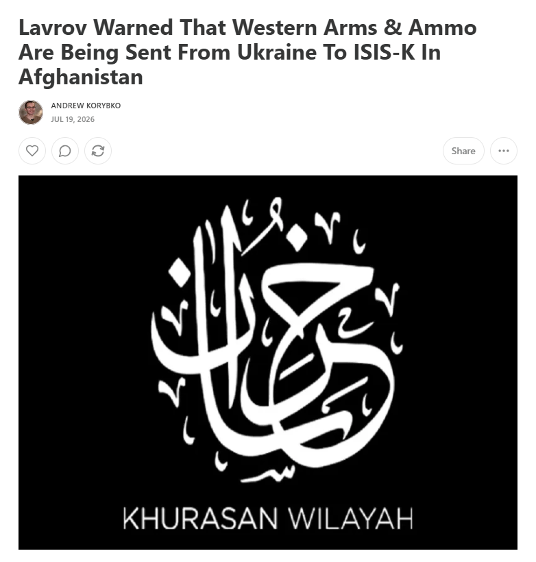 AKorybko's tweet photo. Lavrov Warned That Western Arms &amp; Ammo Are Being Sent From Ukraine To ISIS-K In Afghanistan

(link below) https://t.co/NSG3wBrCjR