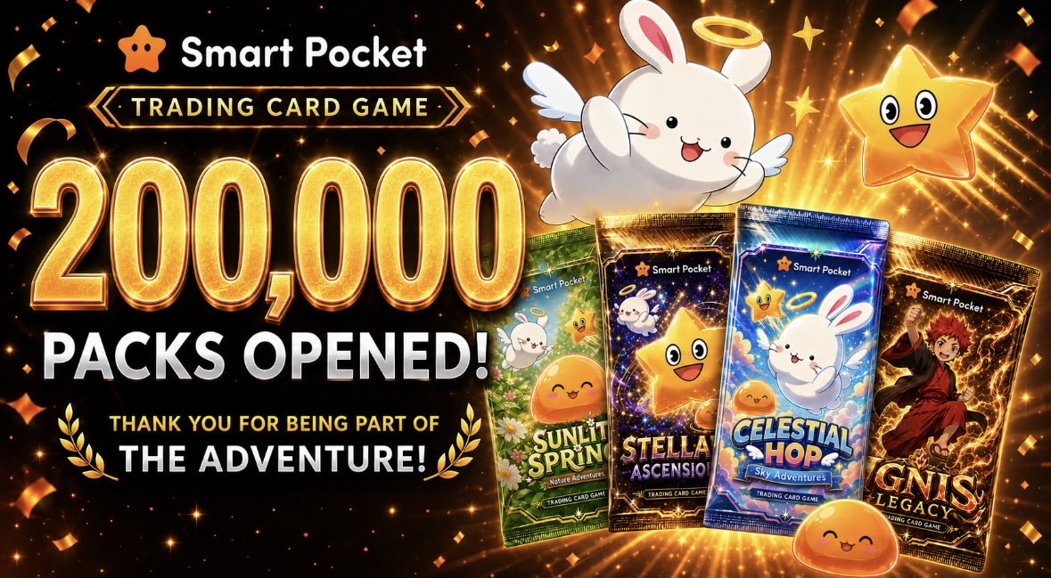 smapocke's tweet photo. 200,000 Packs Opened!

Thank you for being part of the Smart Pocket Trading Card Game community! Stay tuned for new card packs, events, and upcoming card battles! 

One giveaway pack to 3 person who RT this post. https://t.co/UySSYfDKlW