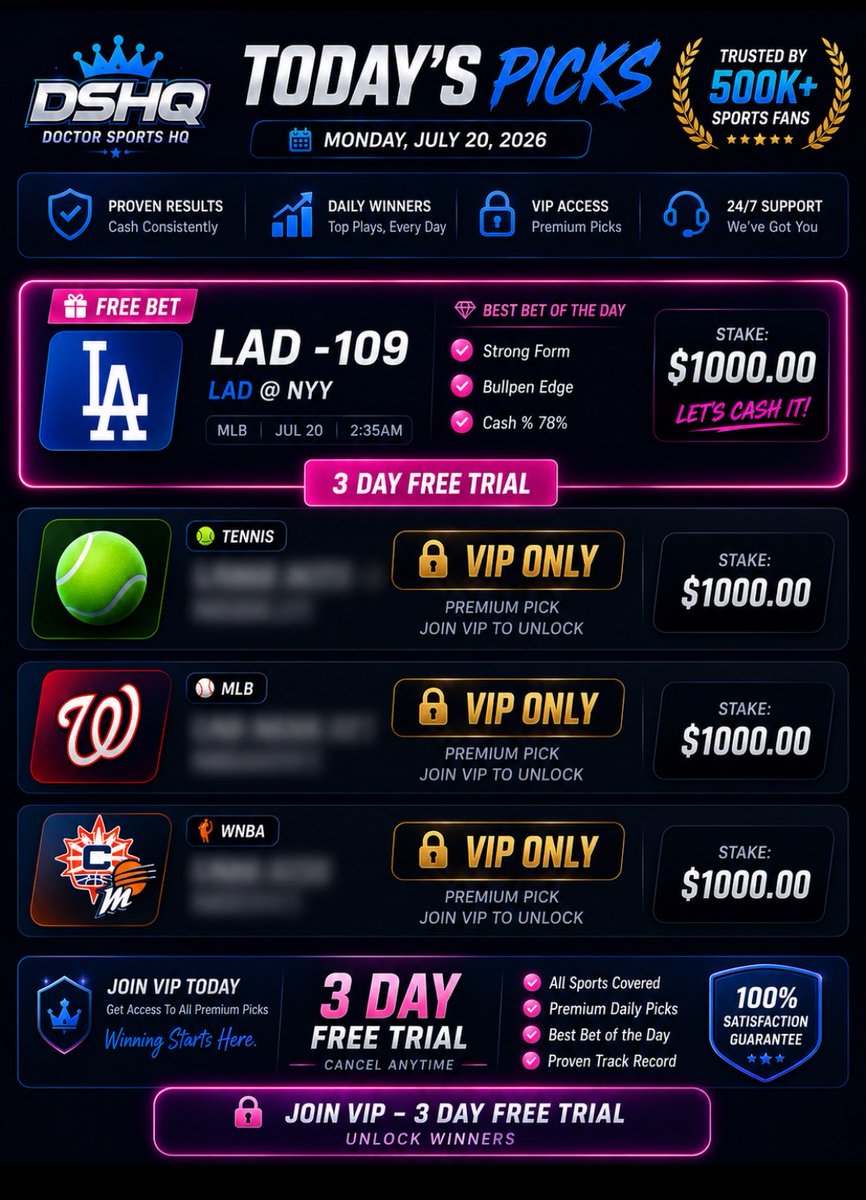 DoctorsportsHQ's tweet photo. 🎉 3 DAY FREE TRIAL DOCTOR SPORTS HQ VIP 🎉
#Gambling𝕏 

Not sure if VIP is for you? Try it completely FREE for 3 days and experience exactly what our members receive every day. Get access to our premium picks across MLB, NBA, WNBA, Tennis, KBO, AFL, NRL and more. Receive daily best bets, value plays, parlays, live betting alerts and expert analysis designed to help you make smarter betting decisions.

Our goal is simple: provide consistent, high-quality sports picks backed by research and disciplined bankroll management. During your free trial you’ll have full VIP access with no locked channels, so you can see everything for yourself.

No long-term commitment. Cancel anytime before your trial ends if it’s not for you.

Join today, follow the picks, and see why our community keeps growing every week.

Start your FREE 3-day VIP trial now and let’s cash some winners together! 🏆💰

https://t.co/AVf4geClzl