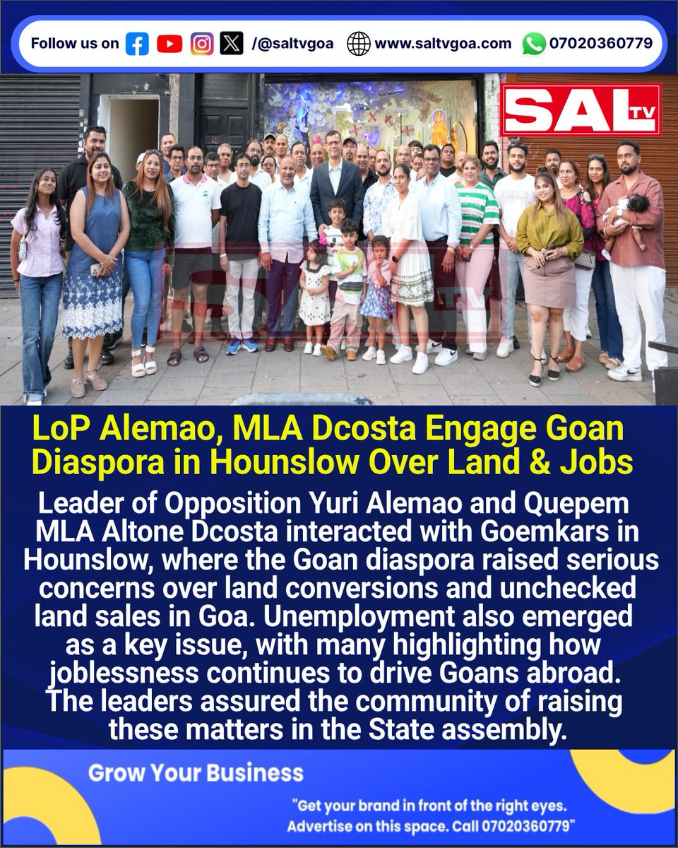 SaLtvgoa's tweet photo. LoP Alemao, MLA Dcosta Engage Goan Diaspora in Hounslow Over Land & Jobs
🔴Get the latest headlines, updates, and live streams—follow SAL TV now!
#GoanDiaspora #SaveGoaLand #YuriAlemao #GoaUnemployment #GoemkarsAbroad https://t.co/2CYzEmRU5S