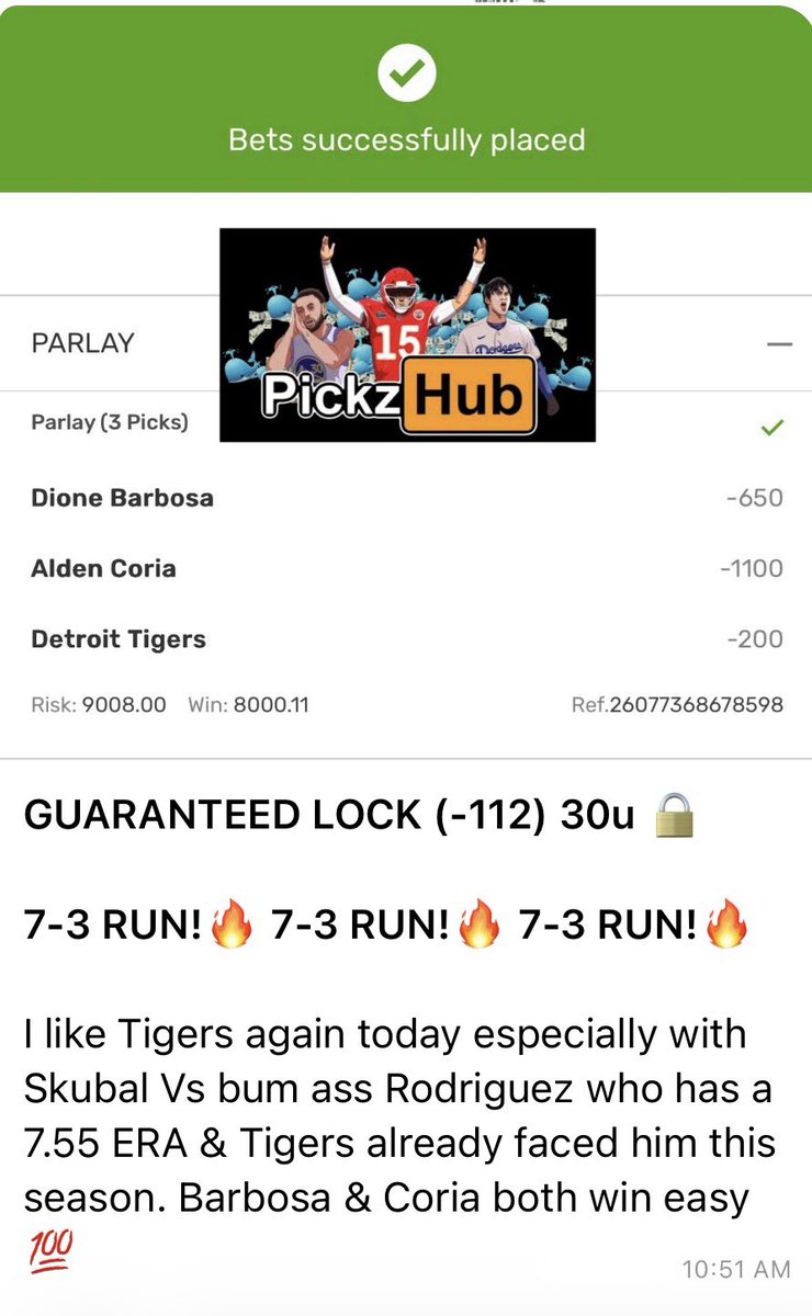 PickzHub's tweet photo. 9-3 RUN NOW VIP EASILY SWEEPS AGAIN! 🤑

GUARANTEED LOCK (-112) 30u 🔒✅
BARBOSA ✅
CORIA ✅
TIGERS ✅

(+557) LOTTO MAXXX 5u 🎰🐳✅
BARBOSA ✅
CORIA ✅
KLINE ✅
DUNCAN ✅
PHILLIES ✅
ORIOLES/ASTROS UNDER 10.5 ✅
TIGERS ✅

BEST VIP IN THE WORLD COME GET RICH! ↙️
Use code MLB40 for 40% OFF! https://t.co/CBExfaW4KY