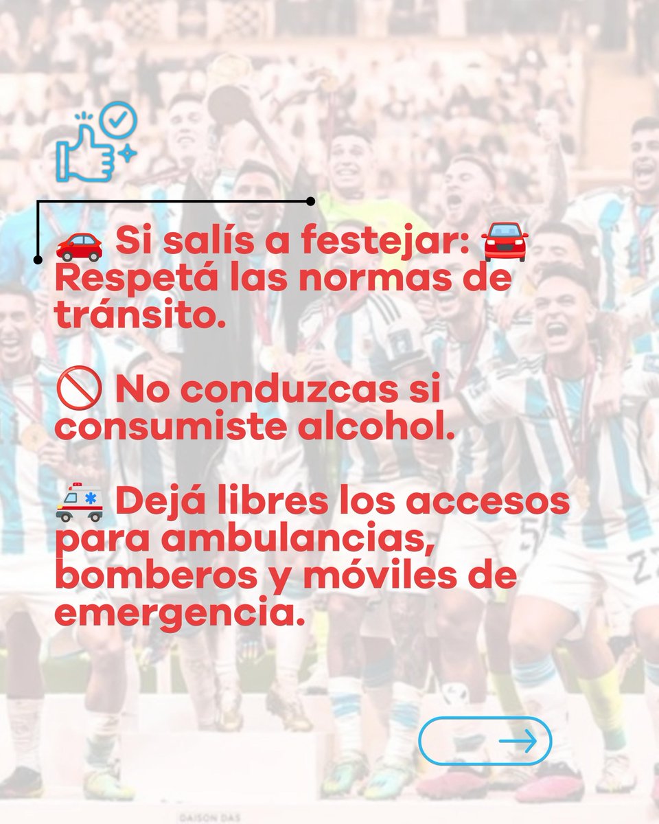 DefcivilLanus's tweet photo. @aJulianAlvarez @MauroIezzi @lanusmunicipio ✅ Si salís a festejar, respetá las normas de tránsito.
✅ No conduzcas si consumiste alcohol.
✅ Evitá el uso irresponsable de pirotecnia.
✅ Mantené libres los accesos para los vehículos de emergencia.
✅ Cuidémonos entre todos para que sea una verdadera fiesta. https://t.co/N7nijFDy4E