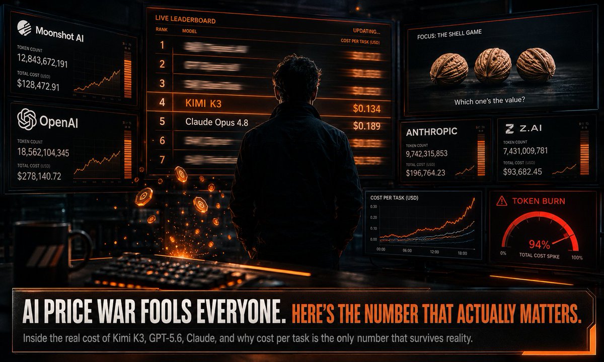 realsean's tweet photo. The sticker price is the most misleading number in AI right now.

Kimi K3 dropped this week at $3 input, $15 output per million tokens. A third of Fable 5. It benchmarks fourth in the world on the Artificial Analysis index, above Opus 4.8. On paper that's a steal.

Here's why I keep banging the drum about cost per task instead.|

K3 is always-on max thinking. No dial, no off switch. Every task gets the full reasoning treatment whether it needs it or not, which means it takes longer AND burns more tokens getting there. 

Simon Willison's single SVG test cost him about 25 cents. One image. The cheap model isn't cheap if it thinks like it's defusing a bomb every time you ask it to rename a variable.

And it's not just a Kimi thing. I've been running GPT-5.6 Sol hard, and even with tight prompting and proper build discipline, it likes to wander off the reservation for a side mission every now and then. Runaway side quests, tokens billed accordingly. Sol charges $30 per million output, so those little adventures add up fast.

Meanwhile Anthropic has Fable running on a continuous marketing loop. Most capable model ever shipped, until the next one, six weeks later. Every lab is doing it. 

Moonshot's own launch charts claim K3 beats Fable 5 on cost per task, but they don't publish the token accounting, so nobody can actually reproduce the numbers. It's a shell game inside an infinite horse race, and it's driving the industry nuts. The crown changes heads every fortnight, and the benchmark charts are drawn by whoever's wearing it that week.

Which is why the only number that survives contact with reality is what it costs YOU to get a finished task out the other end. Retries, detours, reasoning traces, all of it.

That's why GLM 5.2 is still my main workhorse for a lot of things right now, with Fable or Sol sitting above it doing planning and overwatch. Cheap, fast, disciplined execution at the bottom, expensive brains at the top only when the task deserves them. The routing IS the cost strategy.

One more K3 note: web search is currently broken and Moonshot is rebuilding it. And that's not just K3, that's the entire Moonshot line. This world moves fast.

We're building some tools that make this rapidly moving world a little more focused and controlled. But that's an announcement for another day.

What's your daily driver right now, and what's it actually costing you per finished task?