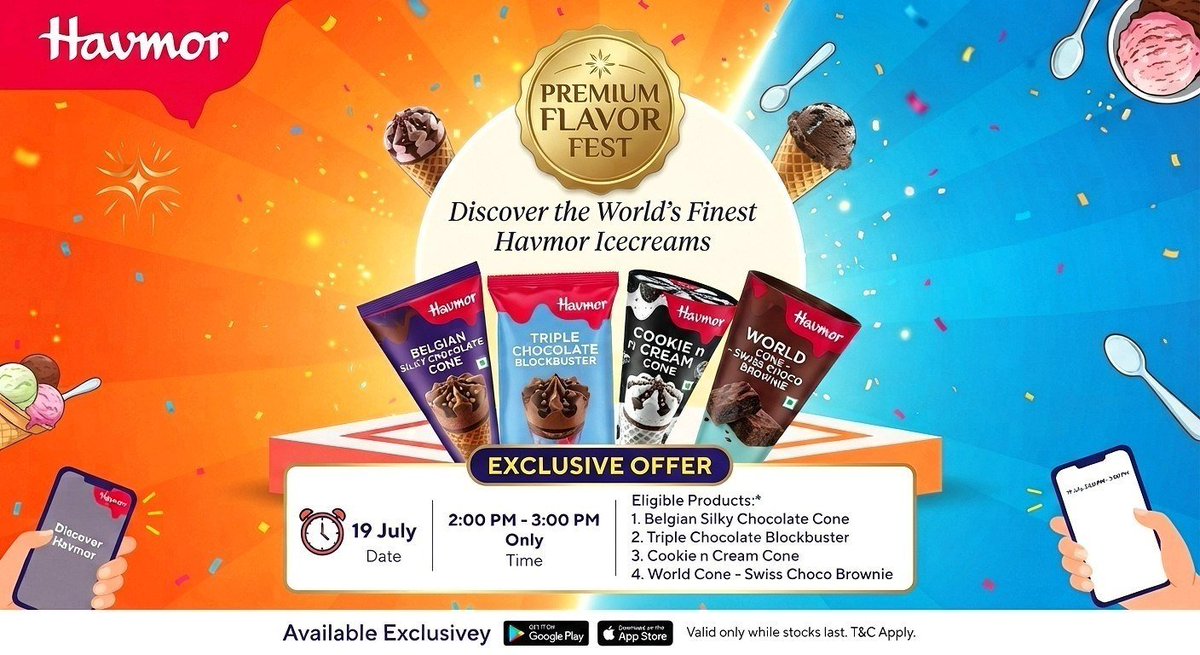 DealBeeOfficial's tweet photo. Zepto × Havmor Icecream at ₹1

- Date: 19 July
- Time: 2:00 PM – 3:00 PM only

Eligible products:

- Belgian Silky Chocolate Cone
- Triple Chocolate Blockbuster
- Cookie n Cream Cone
- World Cone – Swiss Choco Brownie

Valid only while stocks last. Applicable only on the above products.