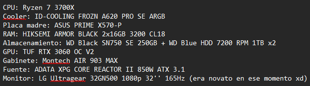 Mativs4's tweet photo. @Helion_1ero Esta PC la uso para jugar, editar, hacer música y pasar el rato en internet. La fui mejorando en los últimos 5 años. Tengo pensado mejorar a un 5700X, 3080 Ti (porque las 5070s cuestan el doble en Argentina 😭), SSD 2TB y monitor 1440p 27'' IPS. Se me queda algo corta la PC. https://t.co/0JogAY5dZH