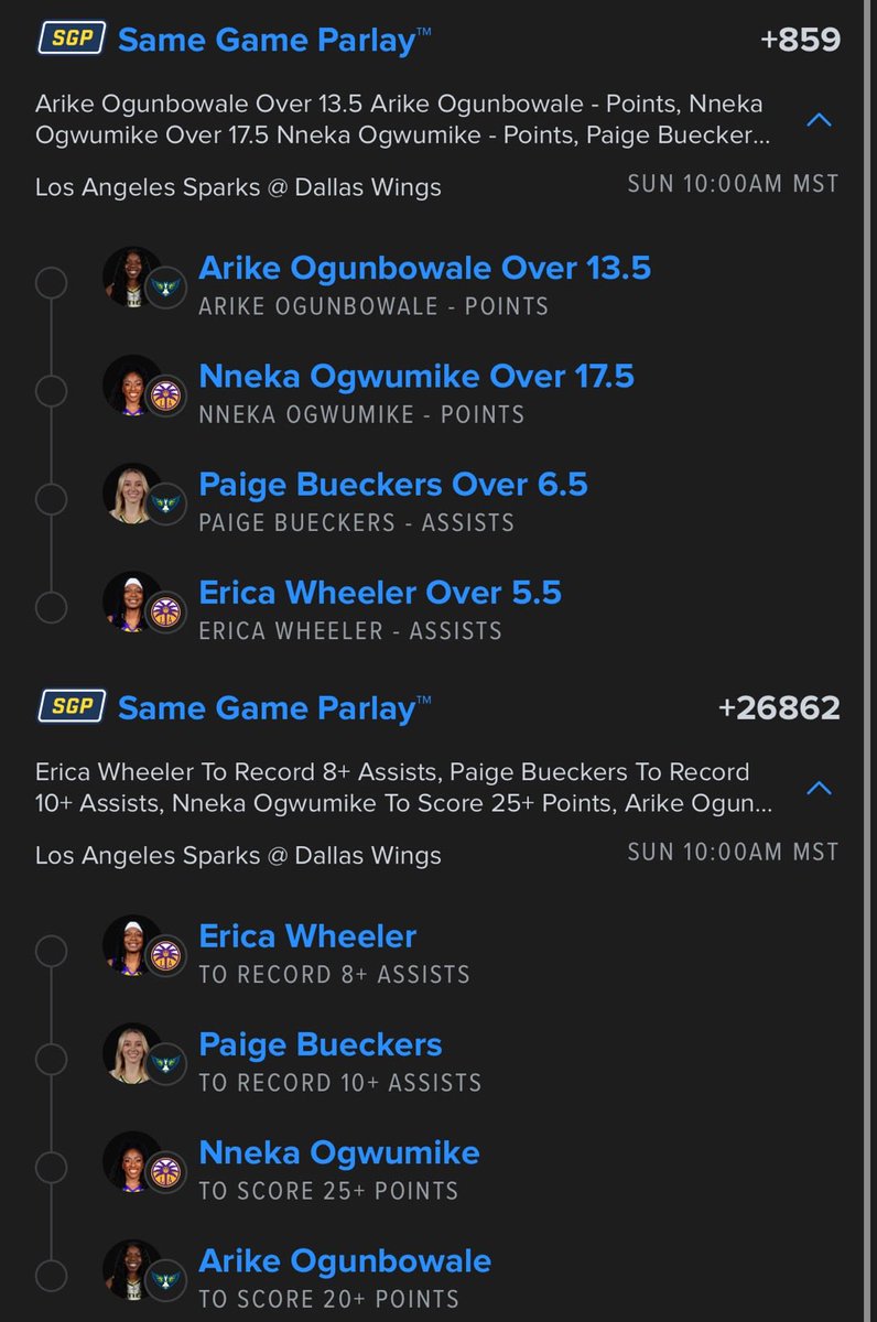 MrMoonBets's tweet photo. WNBA Play 🏀

DAL vs LAS SGP Lottos (+859) and (+26862) 💎

Not a ton I love on tomorrow’s slate, but I wanted to take a couple shots in this early game.

I’m expecting a very high scoring matchup.

Arike is one of the streakiest scorers in the league, but she’s coming off two strong performances and I like her chances to keep it rolling against the Sparks.

Over their last 10 games, the Sparks have allowed:

• Most opponent 3PA (46.7% of Arike’s points)

• Most opponent points

• 3rd most restricted area FGM allowed (27% of Arike’s points)

• 4th highest opponent unassisted basket percentage (37% of Arike’s points)

For the season, the Sparks rank bottom five at defending spot up, transition, and off-screen actions, where Arike scores 47% of her points. They’ve also been below average at limiting production from PnR ball handlers and at the free throw line, which account for another 32% of her scoring.

She’s scored 20+ points in 4 of 7 games against bottom five restricted area defenses this season. Love this spot for her to stay hot.

Nneka Ogwumike has been on a tear lately. She’s cleared this line in five straight games and gets another favorable matchup against the Wings.

During this stretch, the volume has been excellent. She’s attempted at least 15 shots in four of those five games, with one game seeing 13 attempts.

That kind of volume is tough to ignore for a scorer like Ogwumike.

Without Plum, and against a defense that allows top five production to PnR roll man and ranks top five in points allowed in the paint, she’s gone over this line in 4 of 5 games. Her only miss was a 17 point outing where she played just 26 minutes because of a blowout.

I’m also taking Paige Bueckers assists.

She’s been generating excellent playmaking volume lately, recording 12+ potential assists in each of her last five games, including games with 16 and 17 potential assists. Against teams that rank top five in pace and top five in assists allowed, she’s gone over in 2 of 3 games.

It’s a similar story with Erica Wheeler.

She’s recorded 11+ potential assists in 4 of her last 5 games and is coming off a 14 potential assist performance.

It isn’t the perfect matchup, but the assist volume is too strong to ignore. With the pace and scoring environment I’m expecting, I like both playmakers to have opportunities.

.15U
.05U

#GamblingX #NBA #WNBA
