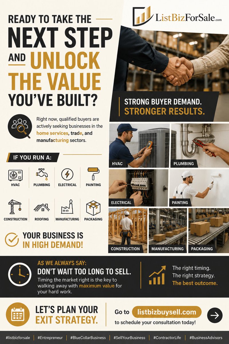 Listbizforsale's tweet photo. Buyer demand for HVAC, plumbing, electrical, roofing, construction &amp; manufacturing businesses is high right now.

Don't wait too long to sell — timing is everything.

Schedule your exit strategy consultation → https://t.co/68xsj70d3Y https://t.co/x9jm2aH7gX