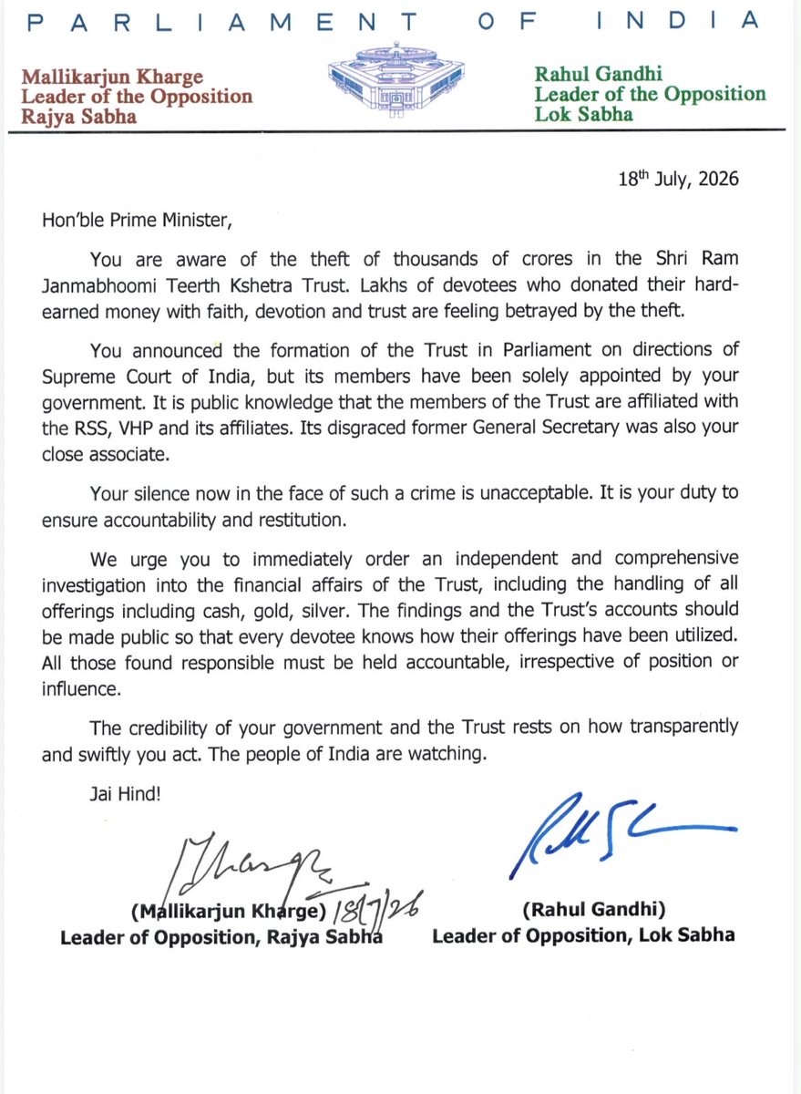 INCIndia's tweet photo. "Your silence now in the face of such a crime is unacceptable. It is your duty to ensure accountability and restitution."

Congress President Shri @kharge and LoP Shri @RahulGandhi wrote a letter to PM Modi demanding an independent and comprehensive investigation into the financial affairs of the Shri Ram Janmabhoomi Teerth Kshetra Trust.