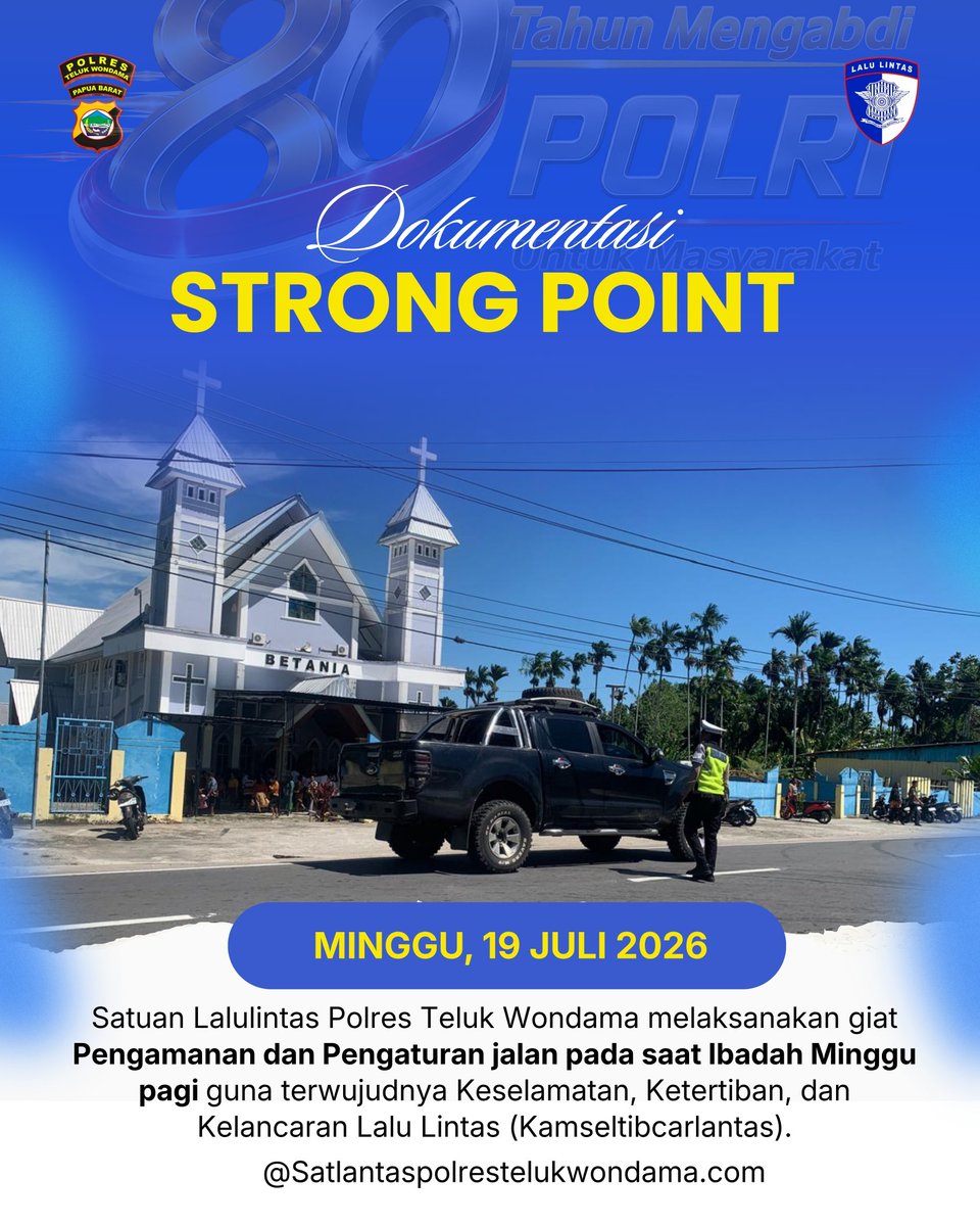 SatLantasTW's tweet photo. #korlantasmabespolri
#ditlantaspapuabarat
#telukwondamapapuabarat
#wondamatertib
#indonesiamaju
#papuabaratsehat
#sorotanpublik
#viralreel
#Jangkauanluas
#PolriuntukMasyarakat

Personil Satuan Lalulintas Polres Teluk Wondama melaksanakan Strong Point pada saat Ibadah Minggu pagi. https://t.co/GCo2nouSLG