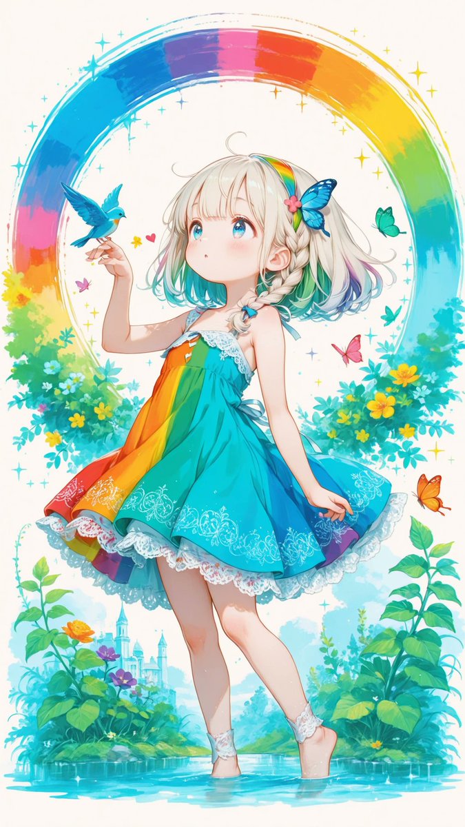 AliceLavli's tweet photo. 虹色のワンピースの衣装プロンプトをどうぞ🌈
rainbow fit-and-flare sundress, sleeveless dress, wide shoulder straps, softly gathered square neckline, gathered bodice with vertical rainbow color panels, extra-wide fitted waistband with bold vertical rainbow stripes, fitted natural waist, full knee-length circle skirt with dramatic volume, continuous vertical rainbow stripe panels flowing from waist to hem in vivid red, orange, yellow, lime green, emerald green, turquoise, sky blue, cobalt blue, violet, and magenta, richly illustrated folk-art embroidery across the skirt featuring colorful cats, embroidered hearts, flowering vines, tiny blossoms, birds, butterflies, leaves, and whimsical botanical motifs, delicate vine embroidery extending upward between the rainbow panels, scalloped lace trim along the hem in alternating rainbow colors, smooth matte woven fabric, rainbow striped fabric only, embroidery in vivid red, pink, orange, yellow, green, turquoise, blue, violet, white, and gold only, embroidered motifs only on the skirt, strict color placement, fixed colors, fixed silhouette