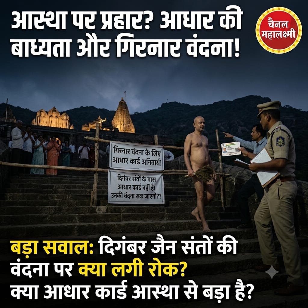 SandhyMahalaxmi's tweet photo. **आस्था पर प्रहार? डिजिटल नियम बनाम संतों की सदियों पुरानी परंपरा!** 🚨

* **परंपरा पर संकट:** गिरनार महातीर्थ की वंदना के लिए ऑनलाइन पंजीकरण और आधार कार्ड की अनिवार्यता ने एक अत्यंत संवेदनशील स्थिति पैदा कर दी है।
* **अपरिग्रह की साधना:** दिगंबर जैन संत पूर्णतः अपरिग्रही होते हैं। उनके पास न कोई भौतिक संपत्ति होती है और ना ही आधार कार्ड जैसा कोई दस्तावेज़।
* **चैनल महालक्ष्मी का बड़ा सवाल:** क्या डिजिटल प्रशासनिक नियम हमारे संतों की सदियों पुरानी त्याग और तपस्या की परंपरा से भी बड़े हो गए हैं?
* **वंदना पर विराम क्यों?:** पहचान पत्र न होने के कारण क्या पूज्य संतों को सिद्धक्षेत्र की वंदना से वंचित कर दिया जाएगा? क्या उनकी वंदना रुक जाएगी?
* **आस्था बनाम कागज़:** जब संत संसार की हर वस्तु का त्याग कर चुके हैं, तो क्या आस्था को प्रमाणित करने के लिए कागज़ का टुकड़ा ज़रूरी है?
* **प्रशासन से गुहार:** प्रशासन को जैन धर्म की इस अनूठी चर्या और संस्कृति का सम्मान करते हुए तुरंत नियमों में विशेष छूट की व्यवस्था करनी चाहिए।
* **जागो जैन समाज:** यह केवल एक नियम का विषय नहीं, बल्कि हमारी धार्मिक स्वतंत्रता और संतों के सम्मान से जुड़ा एक बेहद गंभीर मामला है।
* *चैनल महालक्ष्मी की अपील:** इस विषय पर तुरंत संज्ञान लिया जाए ताकि हमारे पूज्य संतों की गिरनार वंदना बिना किसी बाधा के निर्बाध रूप से जारी रह सके

#JainSaints #SaveGirnar  #JainDharma #GirnarVandana  #ReligiousFreedom #channelmahalaxmi #JainSamaj