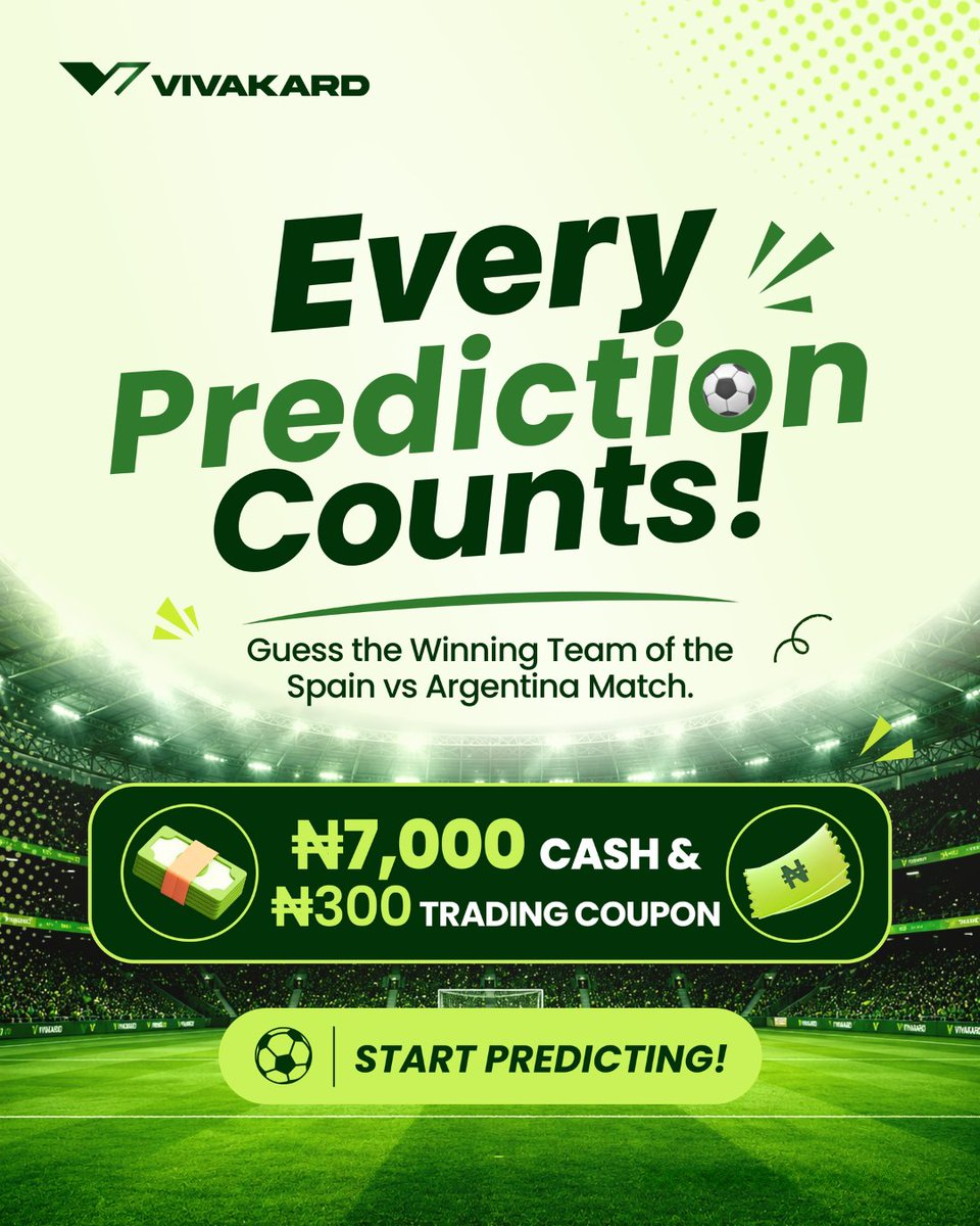 VivakardApp's tweet photo. Predict the Winning Team & stand a chance to Win ₦7,000 Cash + ₦300 Trading Coupon!
👉 Lock in your guess right now! 
🔸️P.s You MUST be a registered Vivakard user & follow us here. 
10 winners to be selected randomly and announced on Monday!
#Vivakard #FootballPrediction #CashGiveaway