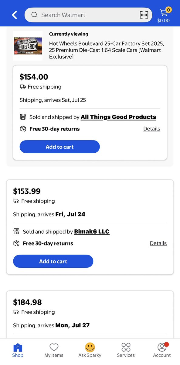 TireNinja007's tweet photo. @TGGJustin @DiecastHype Walmart must have had like 1 left. Out of stock currently at the $22 price. Only available from 3rd party at $150+ https://t.co/BnmMF9ZCAO
