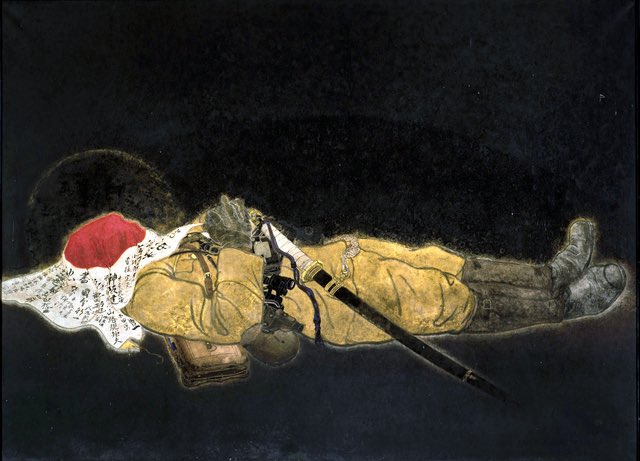 chigusasoichi's tweet photo. 従軍して戦争画を描き、「戦争は国家として止むに止まれぬ事とは申せ、惨の惨たるもの之あり候」と述べた小早川秋聲は、敗戦後は仏教画ばかり描いた。どんな思いで仏に向き合ったんだろう。この「國之楯」の実物はもっと禍々しく、もっと静かで、僕はしばらく動けなくなった
https://t.co/HZJX2YBBmR https://t.co/vjZbrf9zoW