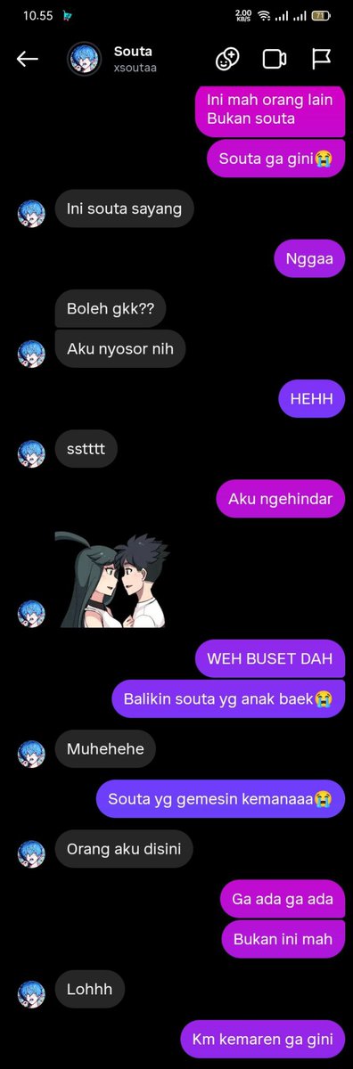 UdaArion's tweet photo. Chat nya begini, awal nya teman aku bilang dia mikir gimmick karna dia baru terjun di dunia vtuber dan si biru ini abis rp ASMR mabuk https://t.co/ylbeYiIvms