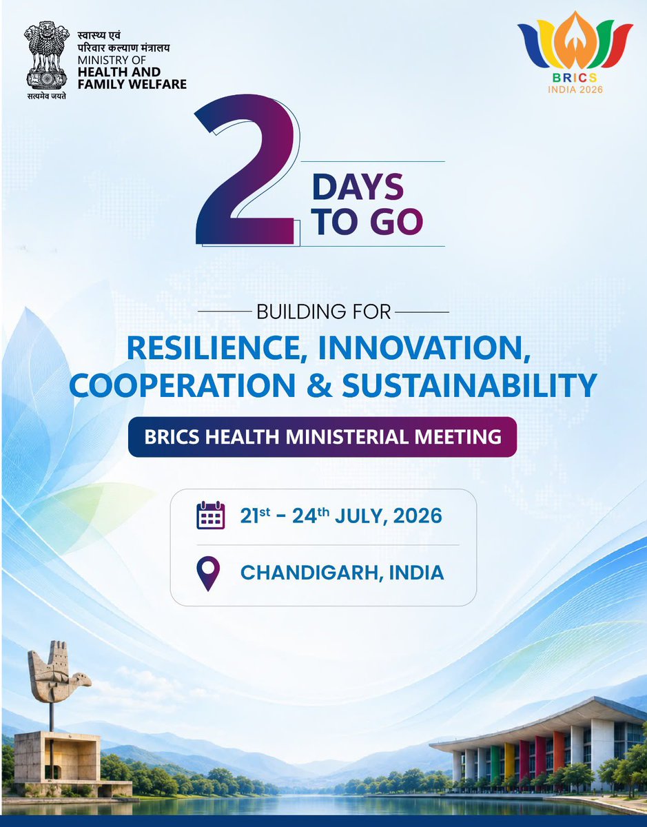 MoHFW_INDIA's tweet photo. 2 Days to Go!

The countdown is on for the BRICS Health Ministerial Meeting 2026.

As BRICS nations come together in Chandigarh, India, the meeting will reinforce collective efforts towards resilient health systems, innovation, stronger cooperation, and sustainable healthcare. Through dialogue and collaboration, member countries will work towards advancing shared priorities that contribute to better health outcomes for all.

📍 Chandigarh, India
🗓️ 21–24 July 2026

#BRICS2026 #BRICSIndia2026 #IndiaBRICSChairship