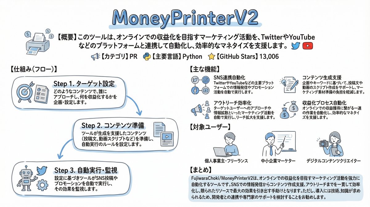 PR_NAVi's tweet photo. 🆕 PRナビ AIラボで1件マーケティングツールが見つかりました！

MoneyPrinterV2 ⭐13006
このツールは、TwitterやYouTubeと連携し、オンライン収益化を目的としたマーケティング活動を自動化します。効率的なマネタイズを支援することで、広報・マーケティング担当者の業務負担を軽減し、成果最大化に貢献します。

https://t.co/pgzRA1BKqs