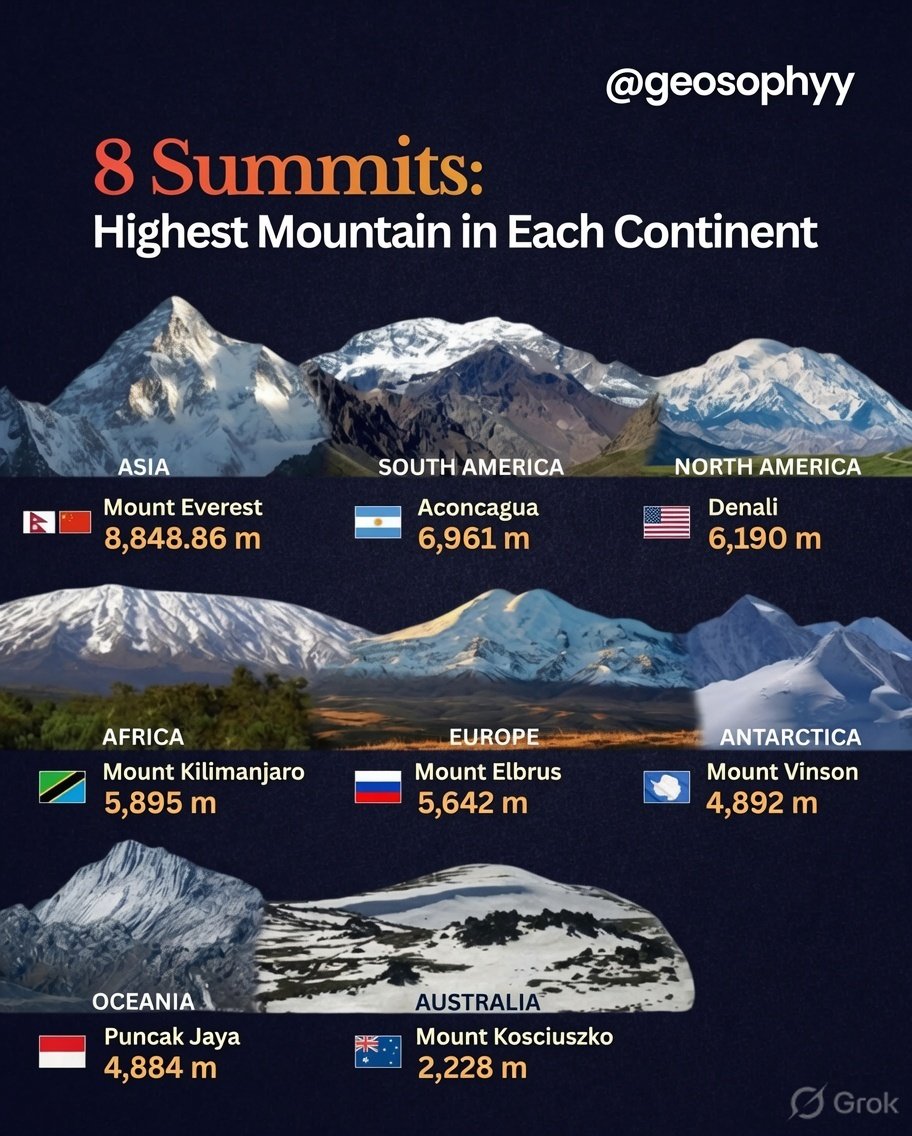 Geosophyy's tweet photo. From Everest to Kosciuszko — the ultimate bucket list for adventurers!
Which one are you climbing first? https://t.co/Uz8vRV8fCc