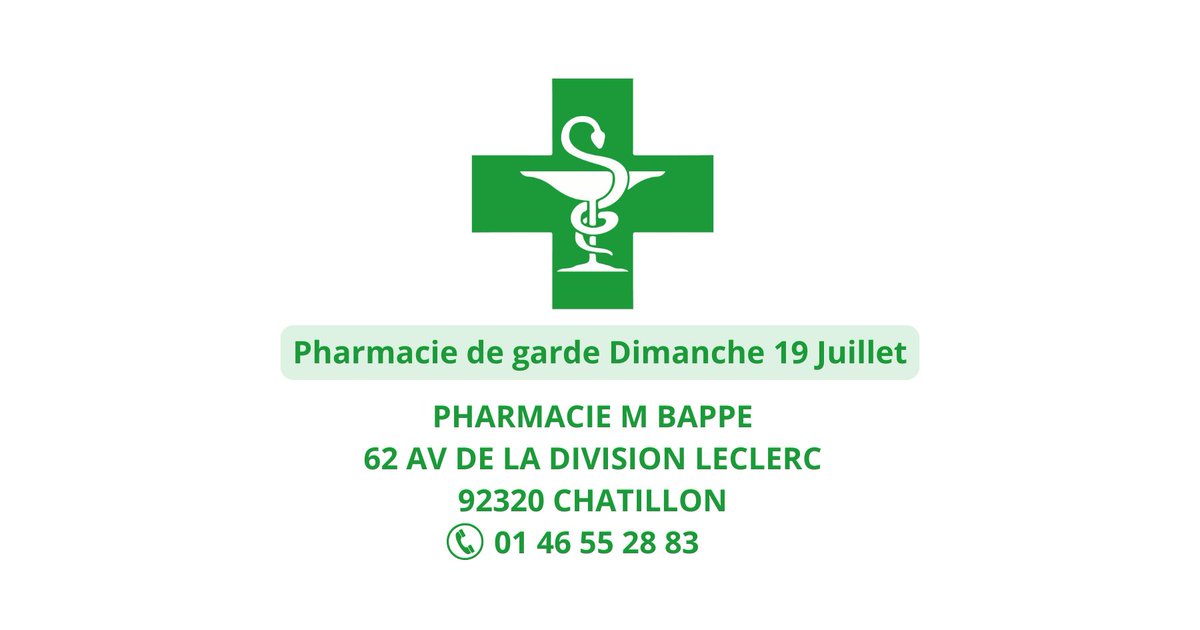 fontenay92's tweet photo. #PharmacieDeGarde 💊

Ce dimanche, la pharmacie de garde est : 
📍PHARMACIE M BAPPE - 62 AV DE LA DIVISION LECLERC 92320 CHATILLON
📞 01 46 55 28 83

En cas de besoin, merci de contacter directement l’officine. https://t.co/jlqoHaOJw9