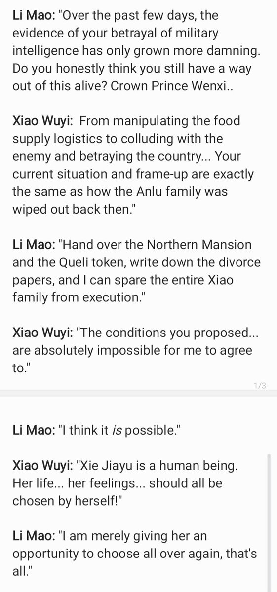 hmhkiwi's tweet photo. Li Mao: "Hand over the Northern Mansion and the Queli token, write down the divorce papers, and I can spare the entire Xiao family from execution."

Xiao Wuyi: "The conditions you proposed are absolutely impossible for me to agree to"

#HouMinghao #WangYilun #KeytothePhoenixHeart https://t.co/SIp0GtLoOj
