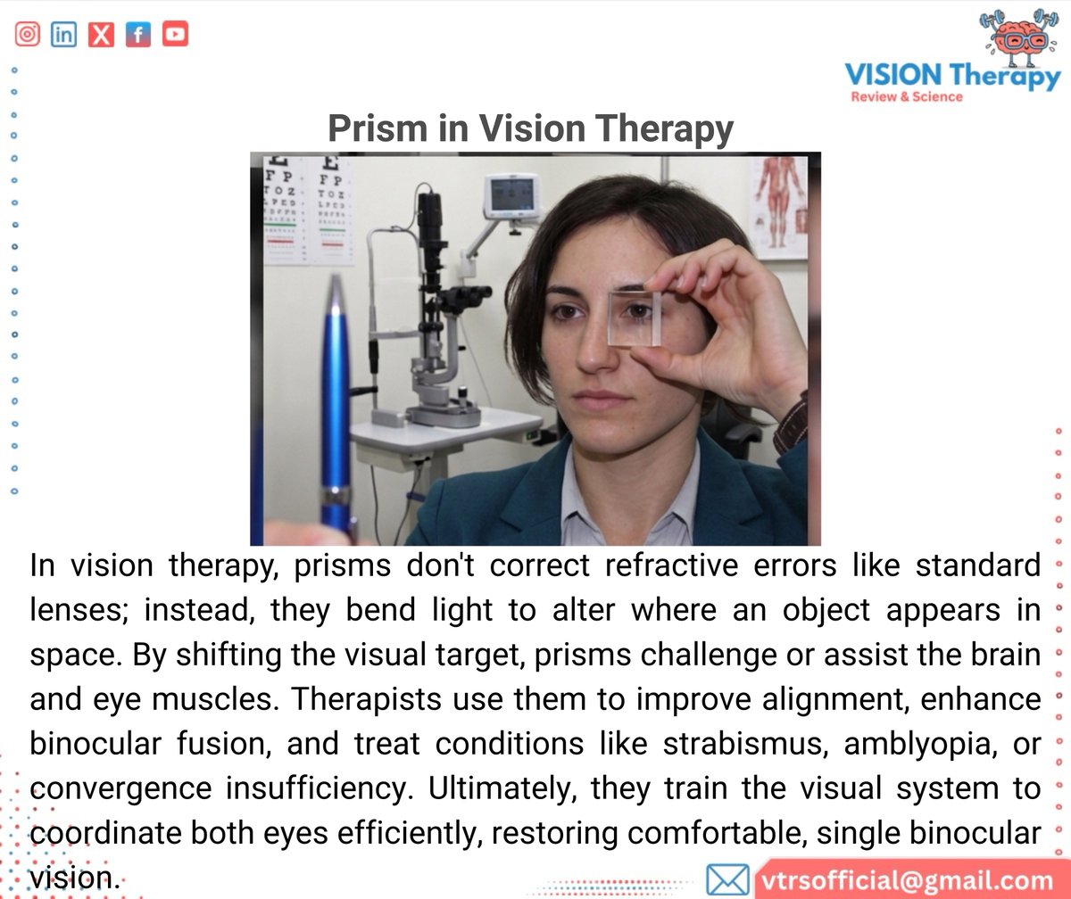 VTRSofficial's tweet photo. Ever wondered how prisms transform vision therapy? 👁️ By bending light, they challenge and train your brain and eye muscles to work together perfectly! ✨ Say goodbye to alignment struggles and embrace a comfortable, clear, single binocular view. 🧠 #VTRS #Prism #VisionTherapy https://t.co/r4vB17UiFY