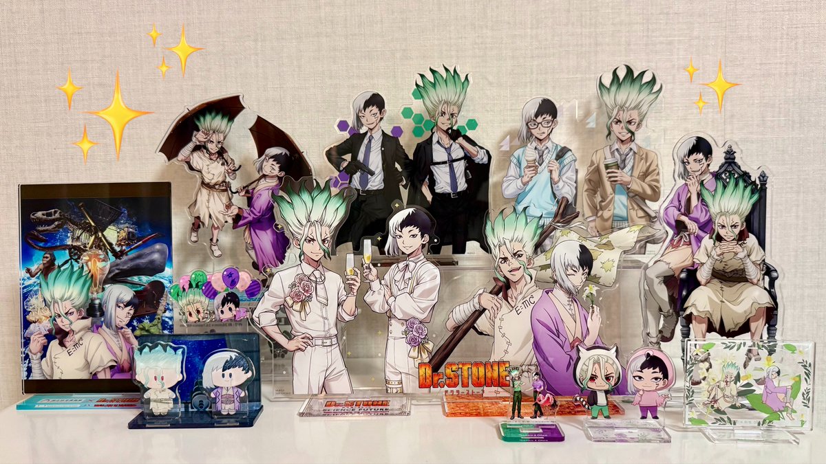 sa_ke_ko's tweet photo. 千ゲってすごいよな、原作公式設定では「ただの同盟相手」でしかないのにドクタ-スト-ン最終回は2人の会話で物語が終わるし、2人で1つのアクリルの板になってる公式アクスタがこんなにいっぱい出てるんだもん😮🤣❣️ https://t.co/Uks8jYWayC