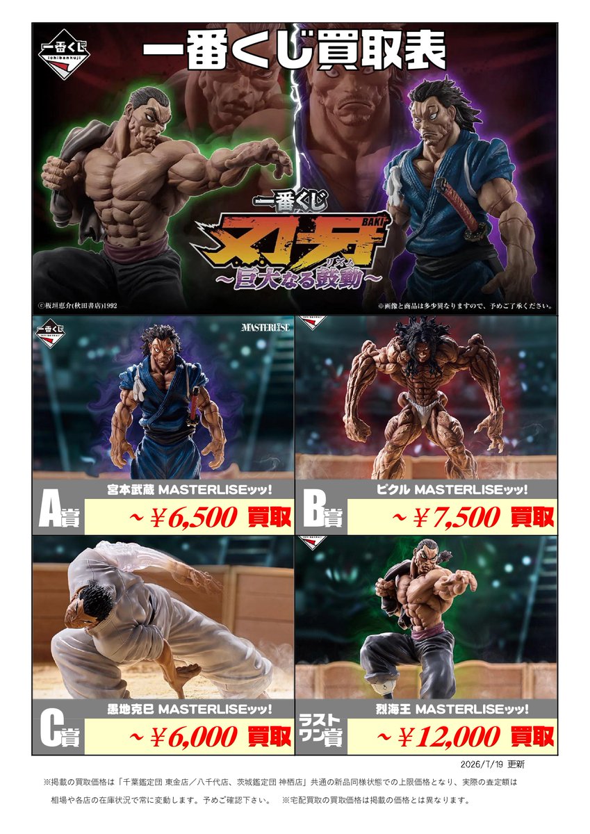 新作くじ 買取表更新📣7/19付 ＼ 一番くじ ∟刃牙～巨大なる鼓動