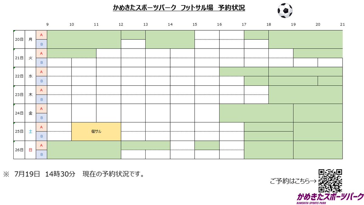 kamekitapark's tweet photo. こんにちは☀
7月20日〜7月26日の予約状況!!!
猛暑日が続いております🫠
ご利用の際はこまめな水分補給をお願いいたします🚰
7月25日は個サル開催予定⚽
ご予約は下記から↓
https://t.co/FDSRwzxU7W

#かめきたスポーツパーク
#フットサル
#亀岡市 https://t.co/07OdFnDrmQ