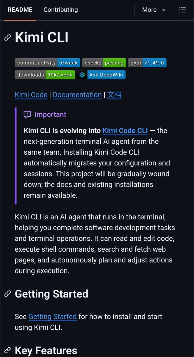 Kimi CLI README screenshot showing its transition to Kimi Code CLI and terminal-agent capabilities