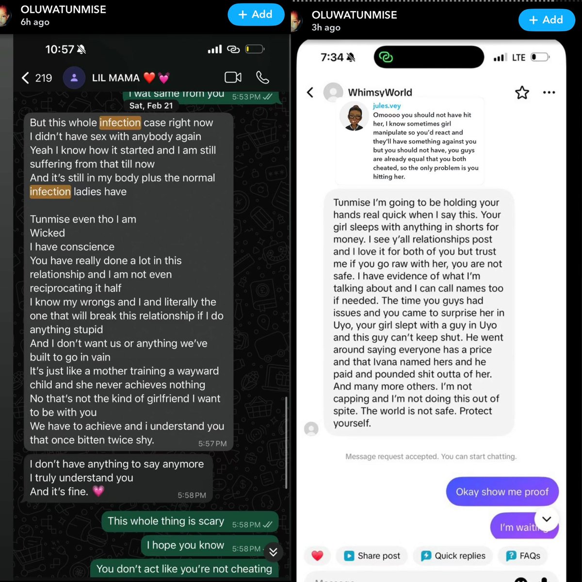 Hybrid_Ola's tweet photo. Ivana’s Ex-Boyfriend, Tunmise shares more evidence of Ivana bëgging him and talking about how she gave him Infect!0ns https://t.co/ElnHI1Sw0v