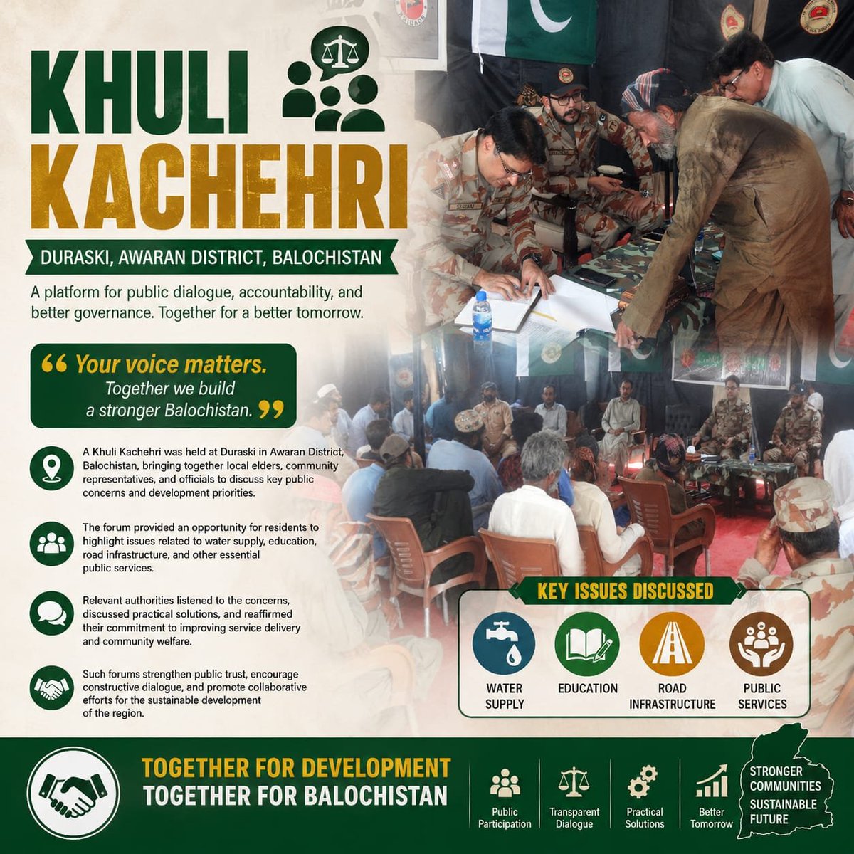 Asim__Speaks's tweet photo. A Khuli Kachehri in Duraski, Awaran District, brought together community members and officials to discuss water, education, roads, and public services, promoting dialogue, cooperation, and sustainable community development.
#KhuliKachehri #Duraski #Awaran #CommunityEngagement https://t.co/hg2Jh6lsI6